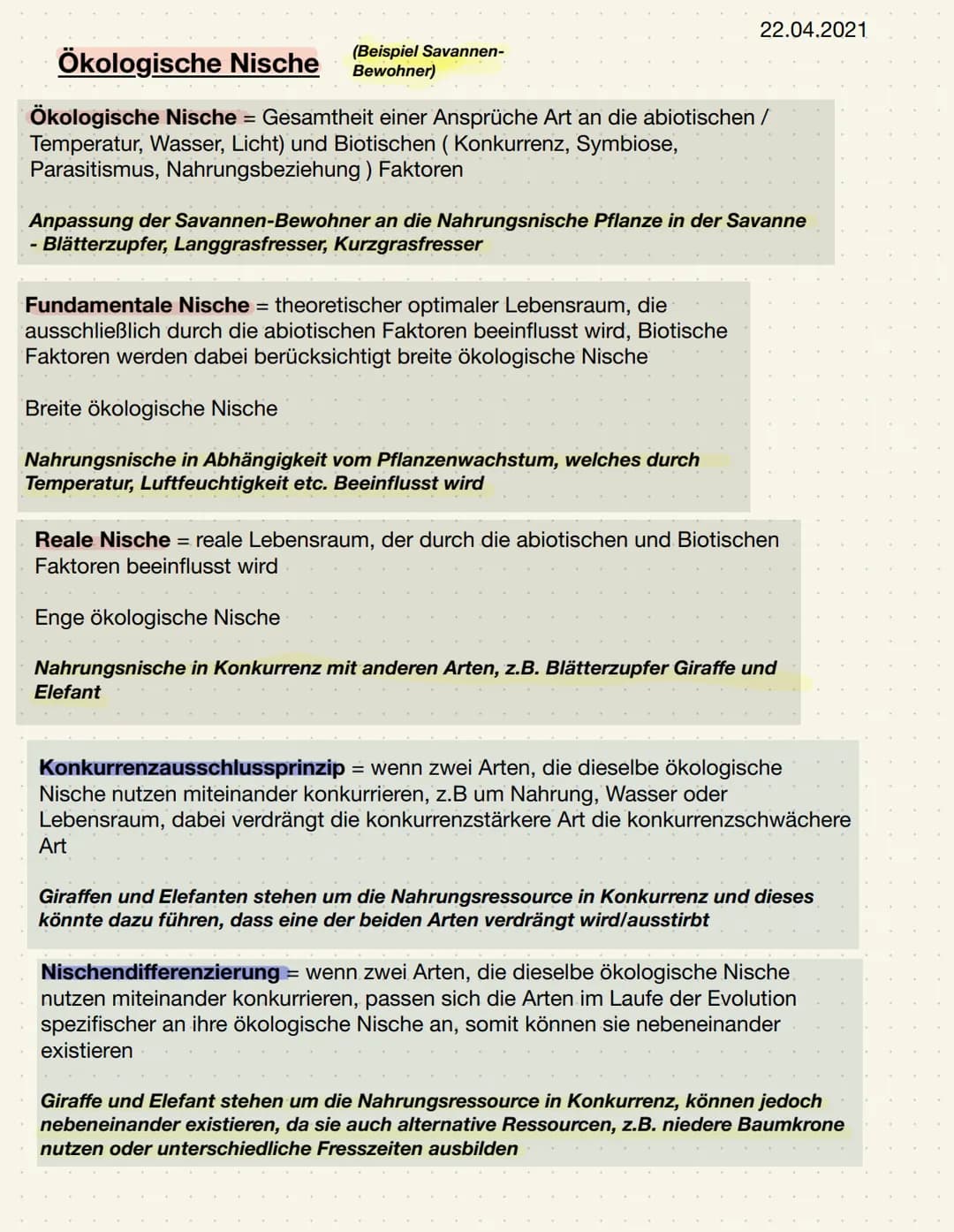 (Beispiel Savannen-
Bewohner)
Ökologische Nische
Ökologische Nische = Gesamtheit einer Ansprüche Art an die abiotischen /
Temperatur, Wasser