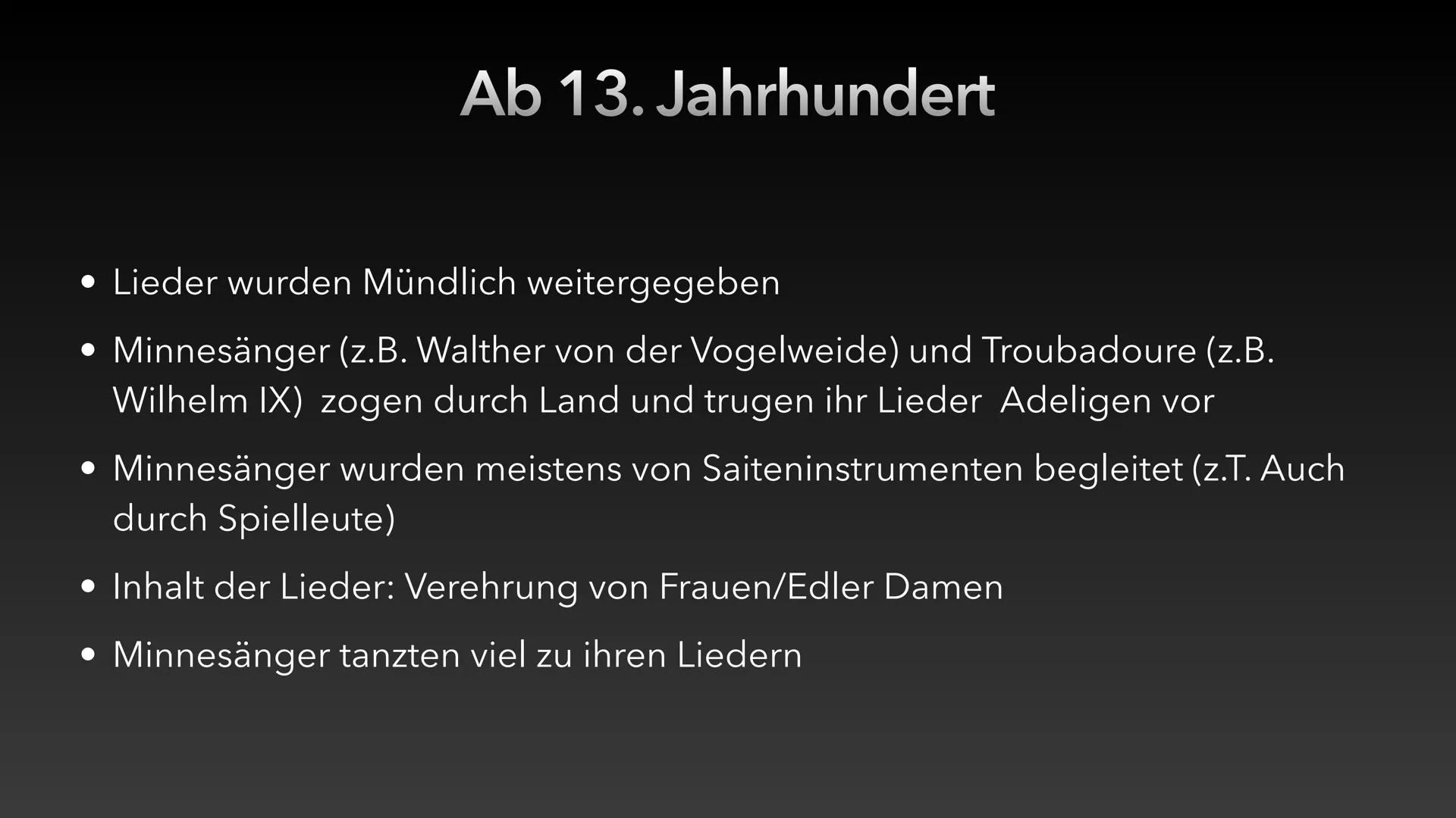 Mittelalterliche Musik
- Europäische Musik des Mittelalters: 9.-15.
Jahrhundert
- Drei Epochen: Gregorianischer Gesang (bis 1100;
einstimmig
