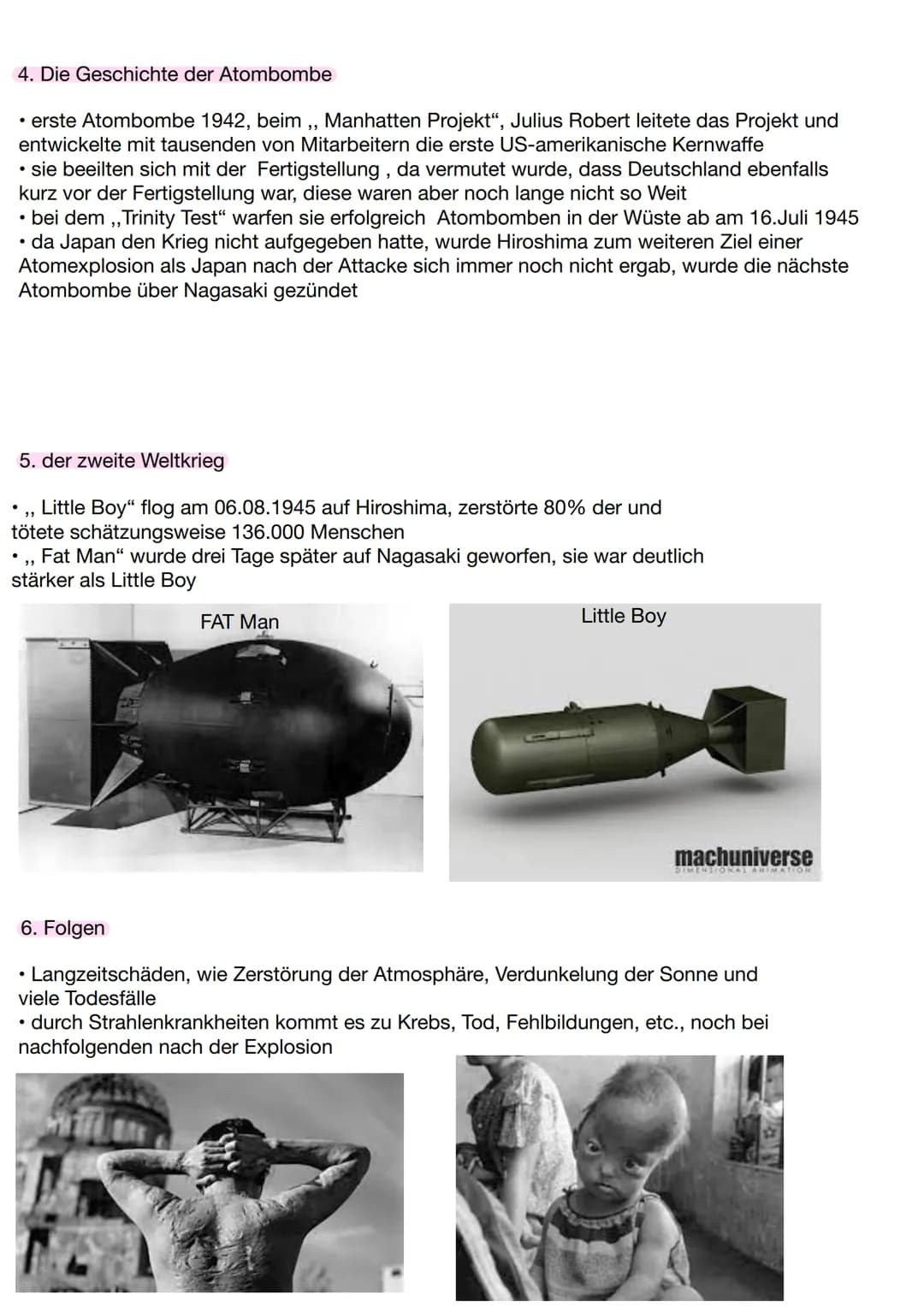 Name:
1. Was ist eine Atombombe?
HANDOUT
Die Atombombe
• Ist eine Waffenart, bei der die Kernspaltung genutzt wird.
• Explosion beruht auf a