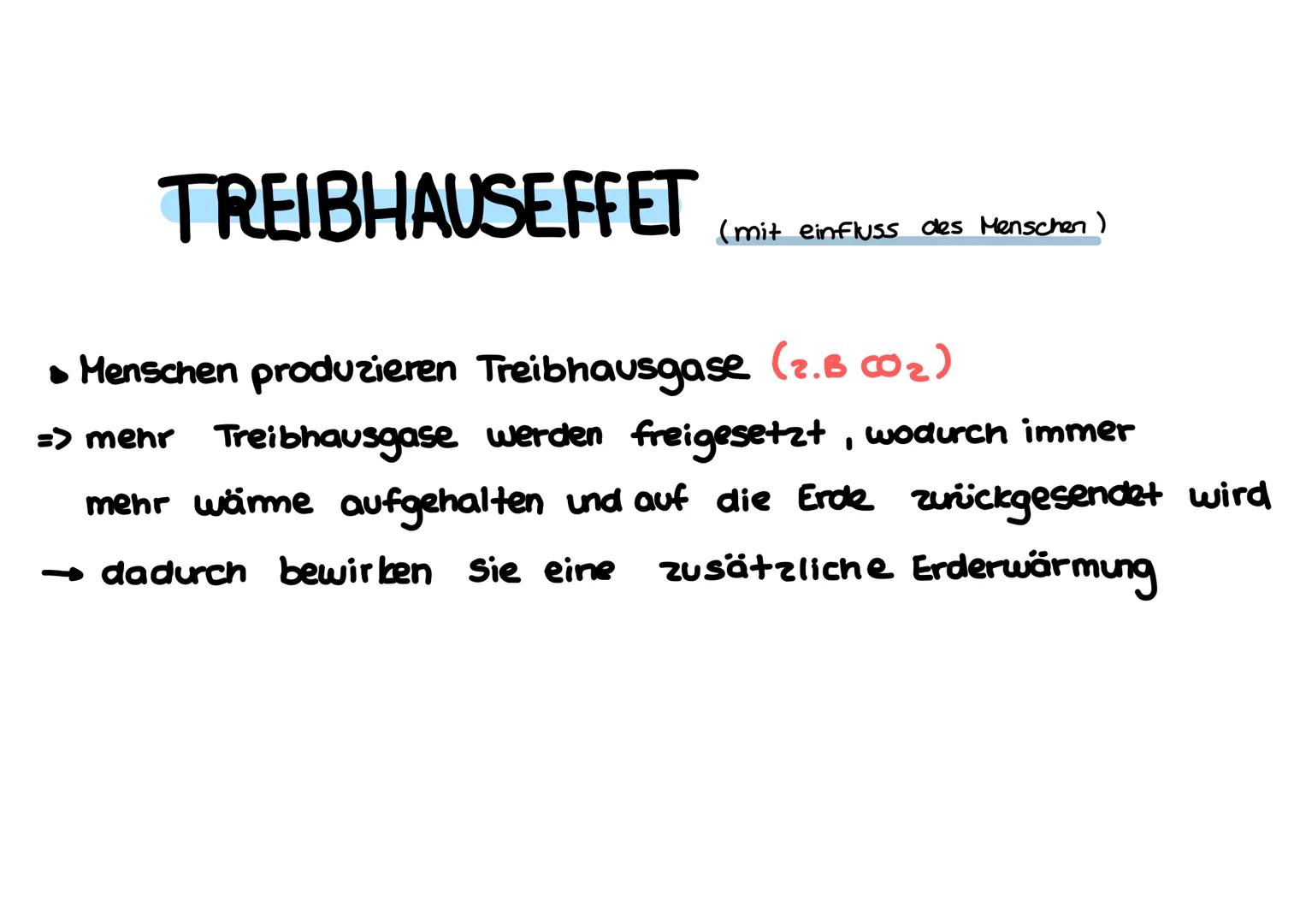 # TREIBHAUSEFFET (natürlich: Ohne Einfluss des Menschen)

- Treibhausgase (2.B CO₂) lassen Sonnenstrahlen
auf dem Weg zur Erde passieren, je