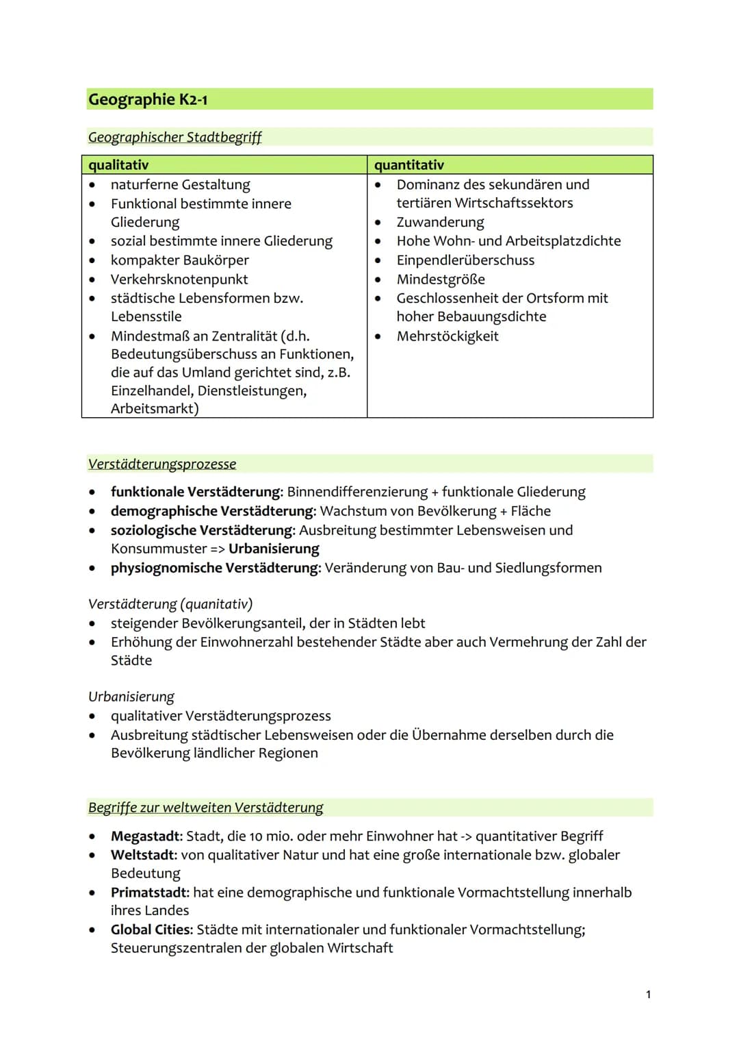 
<p>Der geographische Stadtbegriff umfasst sowohl qualitative als auch quantitative Merkmale. Qualitative Merkmale beziehen sich auf die nat