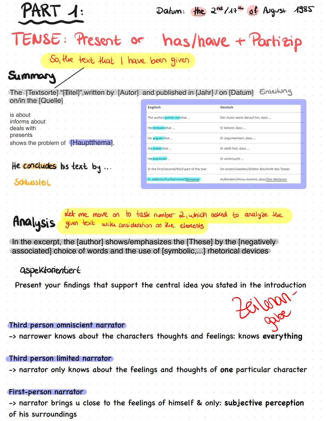 ↑
USEFUL
PHRASES PART 1:
Datum: the 2nd /17th of August 1985
TENSE: Present or has/have + Partizip
So, the text that I have been given
Summa