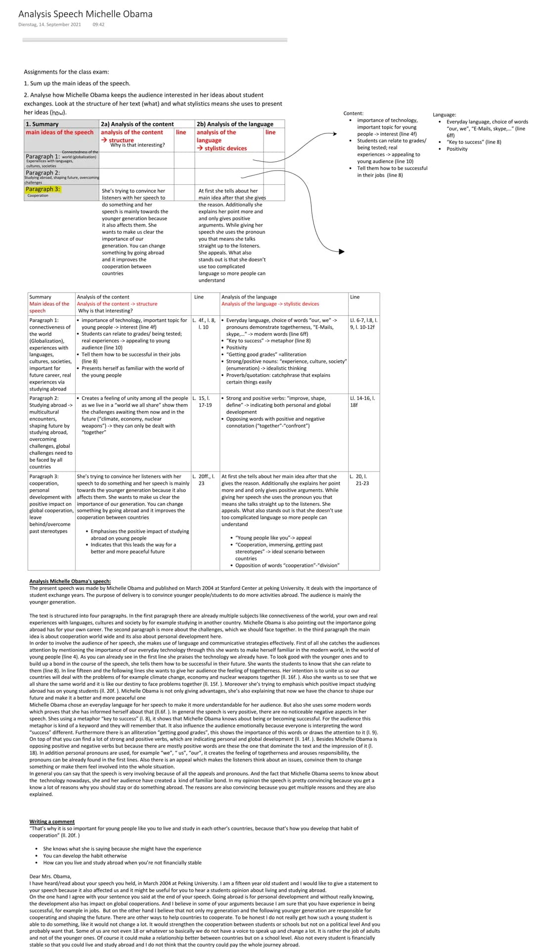 Analysis Speech Michelle Obama
Dienstag, 14. September 2021 09:42
Assignments for the class exam:
1. Sum up the main ideas of the speech.
2.