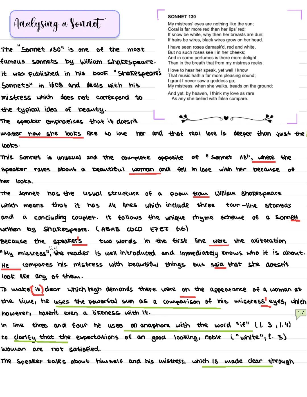 Analyse Sonnet 130 William Shakespeare 12 Punkte