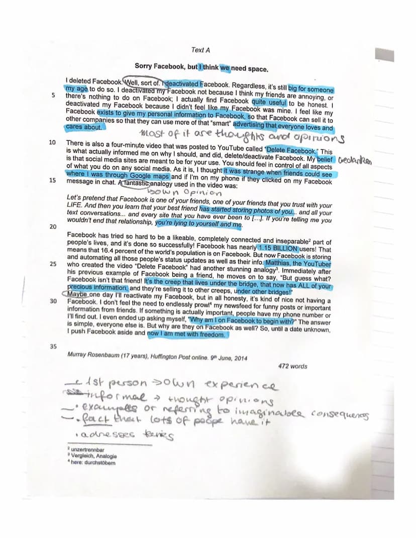 PART I (Text A)
Task 1 (Comprehension): Outline the reasons why Murray decided to deactivate his Facebook
account.
Task 2 (Analysis): Analyz