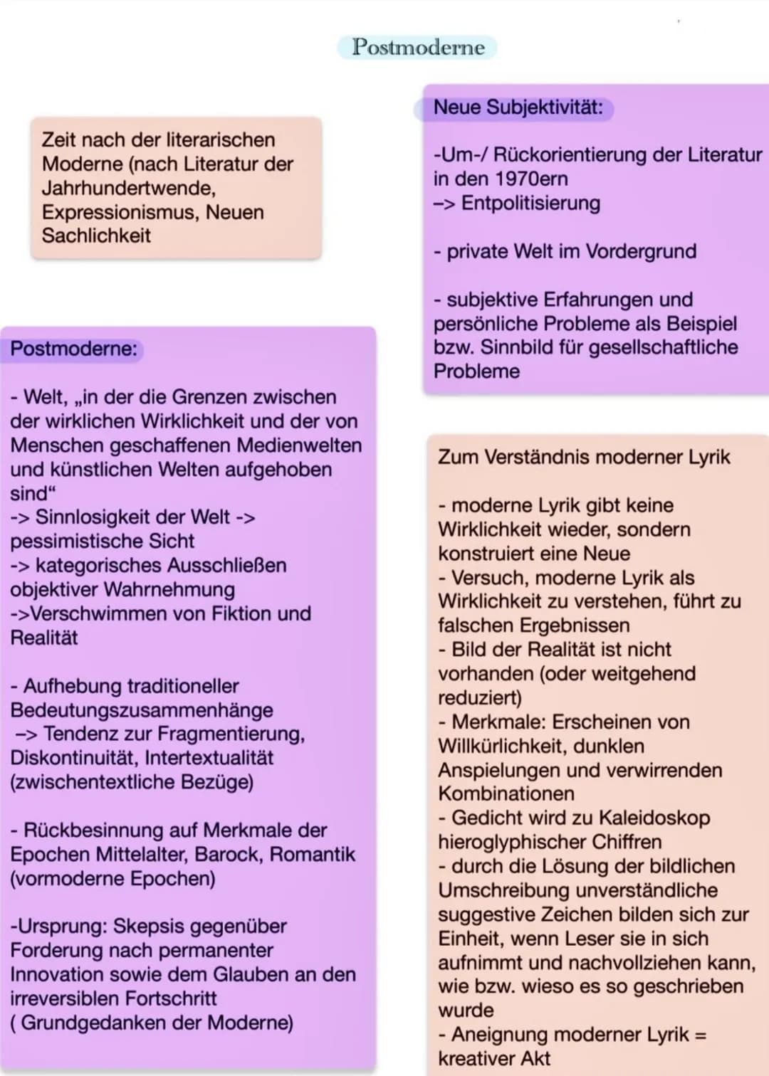 Zeit nach der literarischen
Moderne (nach Literatur der
Jahrhundertwende,
Expressionismus, Neuen
Sachlichkeit
Postmoderne:
- Welt, ,,in der 