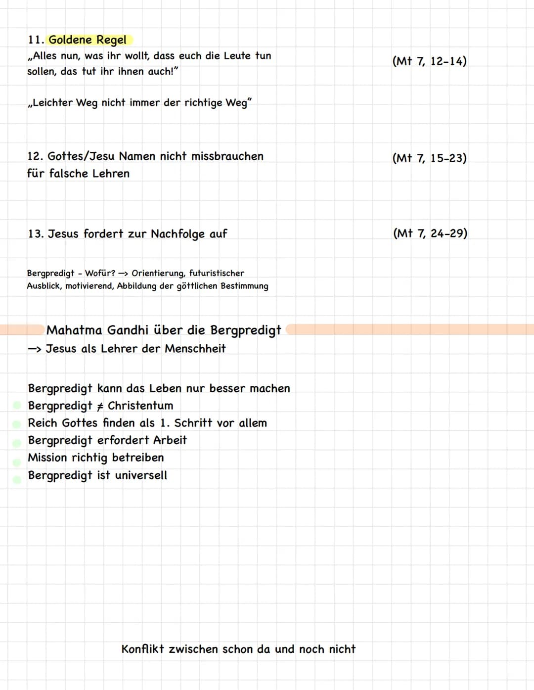 Bergpredigt
Religion: Lernzettel
1. Makarismen (Seligpreisungen)
2. Relevanz der Menschen wird hervorgehoben
3. Jesu Stellung zum AT
4. Anti