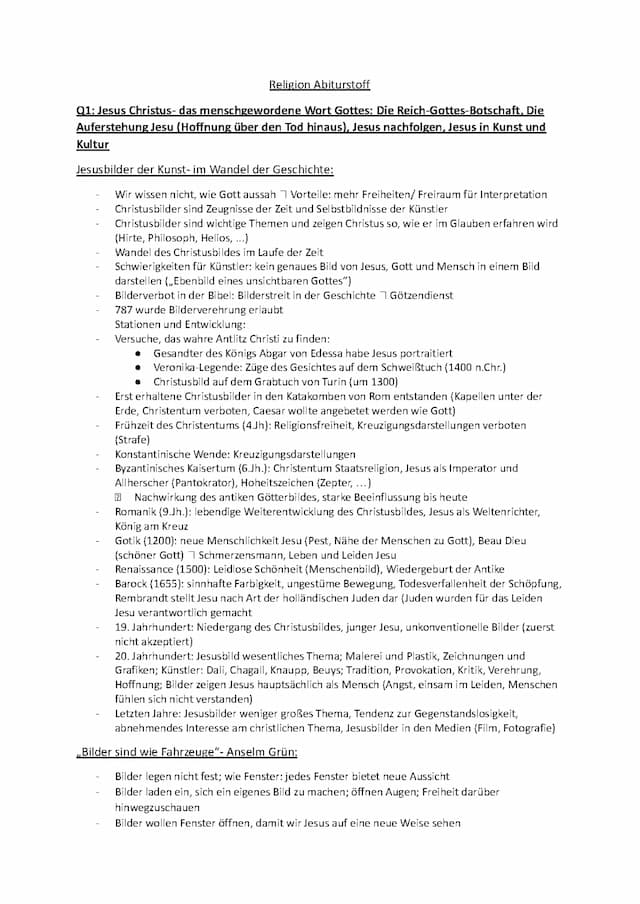 Know Abiturzusammenfassung Religion (Ethik, Jesus, Wunder, Gleichnisse, Gott, Kirche) thumbnail