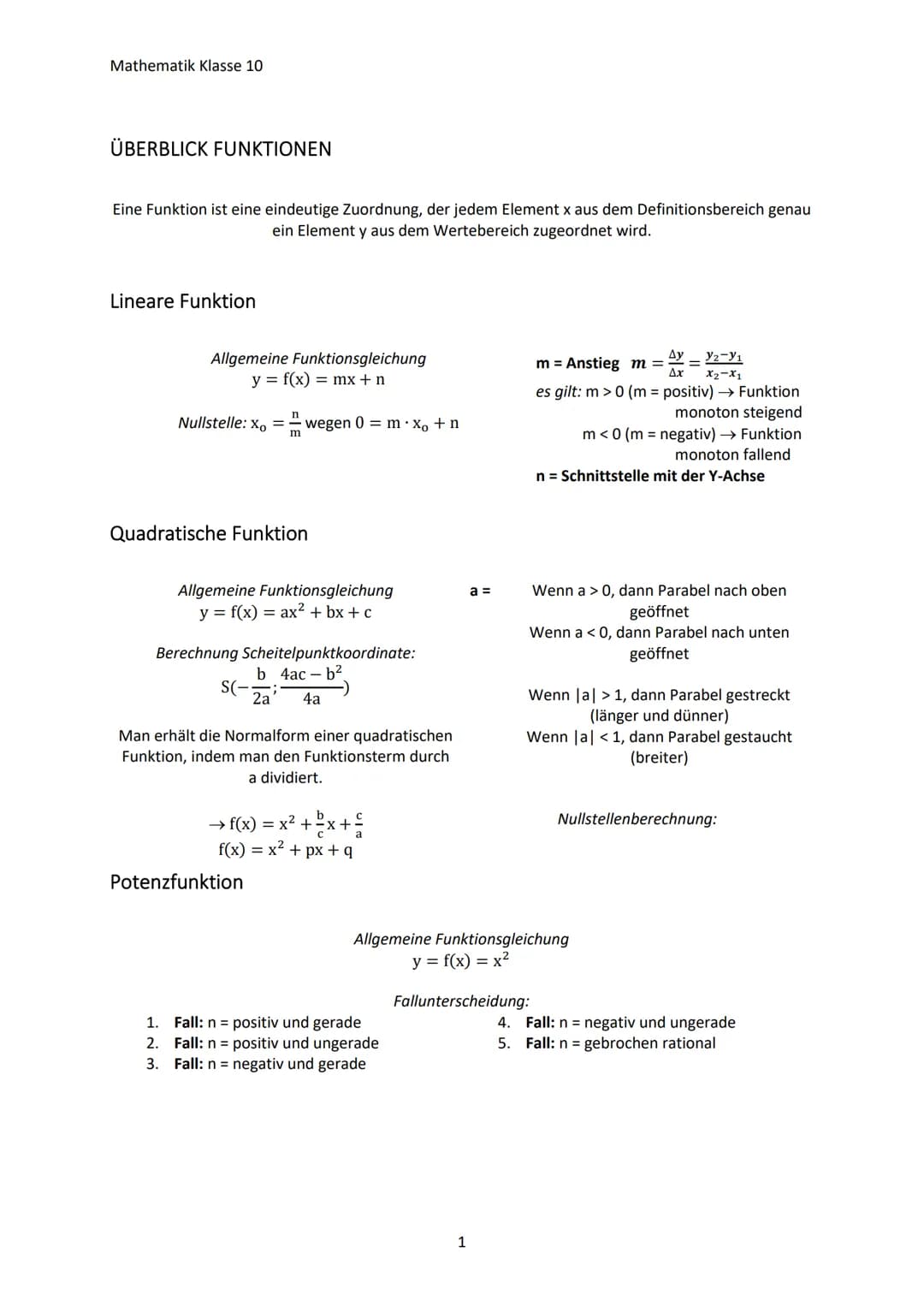 Mathematik Klasse 10
ÜBERBLICK FUNKTIONEN
Eine Funktion ist eine eindeutige Zuordnung, der jedem Element x aus dem Definitionsbereich genau
