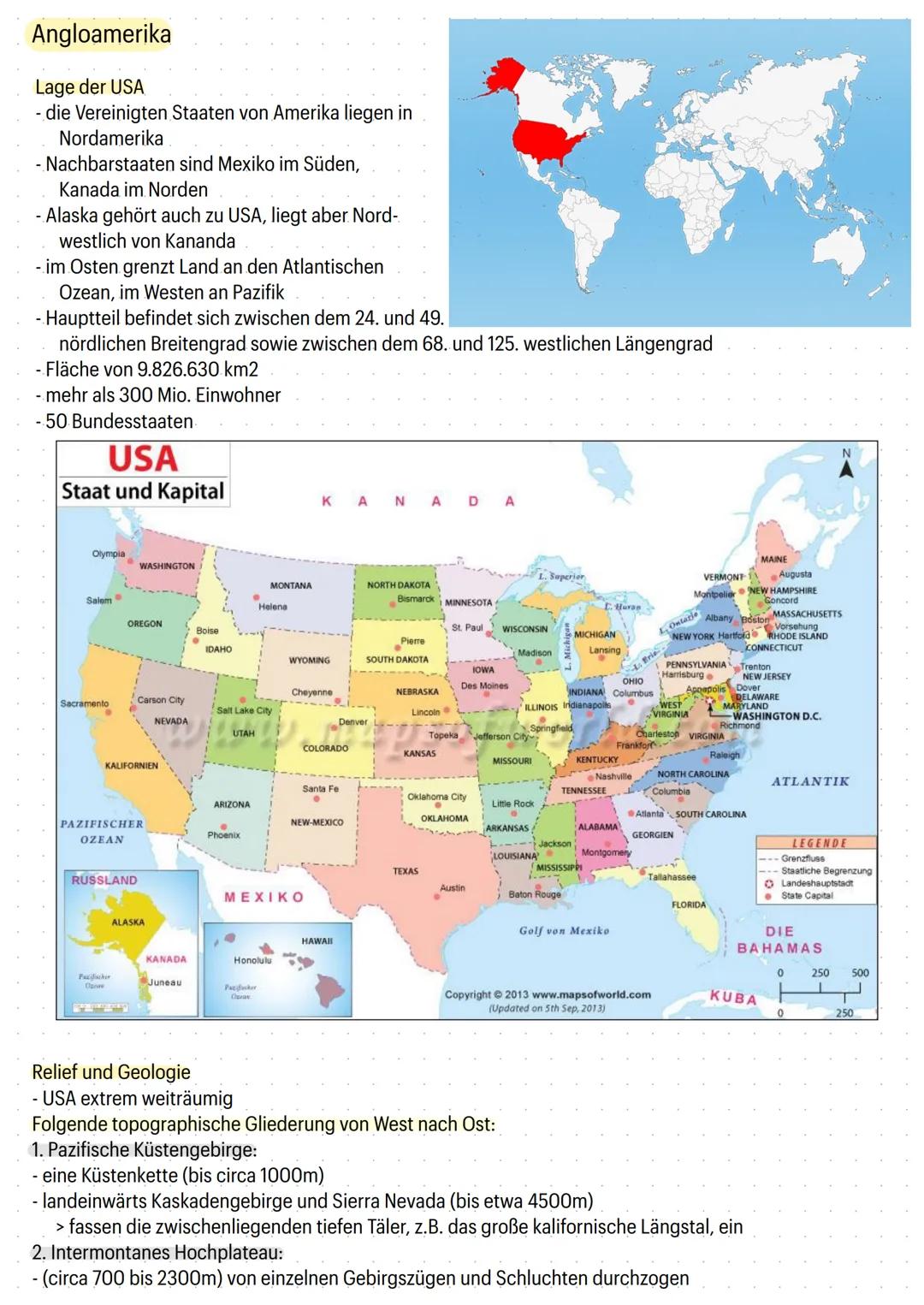 # Angloamerika

Lage der USA
- die Vereinigten Staaten von Amerika liegen in
Nordamerika
- Nachbarstaaten sind Mexiko im Süden,
Kanada im No