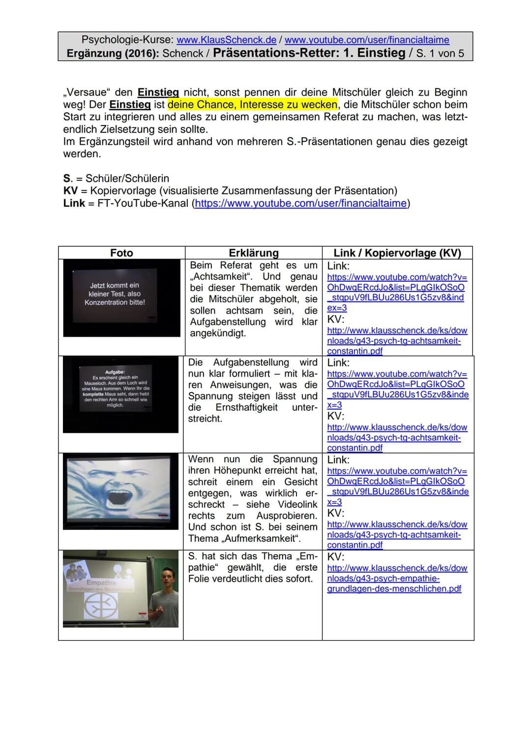 Psychologie-Kurse: www.KlausSchenck.de/www.youtube.com/user/financialtaime
Ergänzung (2016): Schenck / Präsentations-Retter: 1. Einstieg / S