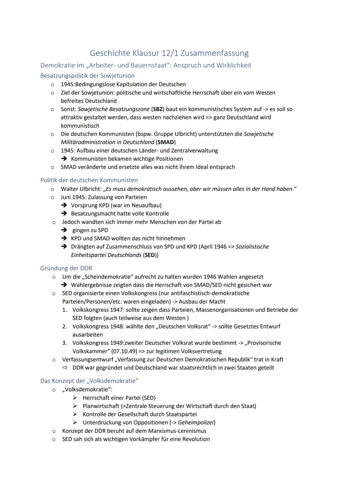 Geschichte Klausur 12/1 Zusammenfassung
Demokratie im ,,Arbeiter- und Bauernstaat": Anspruch und Wirklichkeit
Besatzungspolitik der Sowjetun