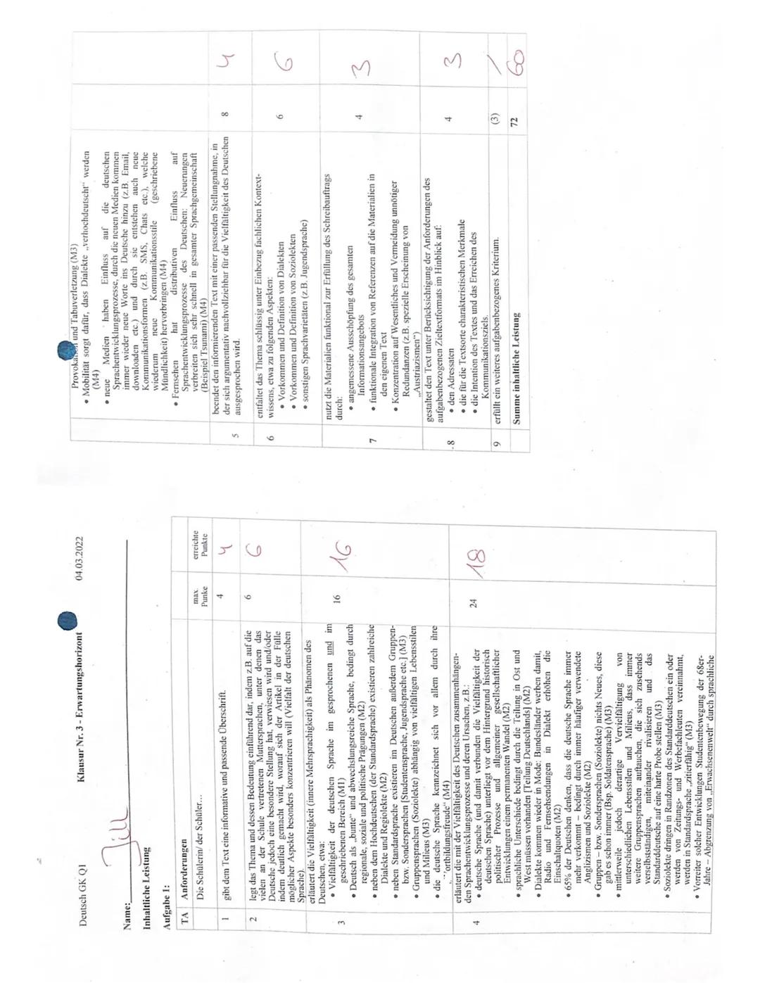 Deutsch GK QI
Name:
Inhaltliche Leistung
Aufgabe 1:
ΤΑ
1
2
3
4
Anforderungen
Die Schülerin/ der Schüler...
Klausur Nr. 3- Erwartungshorizont