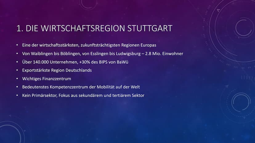 GFS: Wirtschaftsstandort Stuttgart
Inhaltsverzeichnis
Benedict Kurz
1. Infos/Fakten
2. Erfolgsfaktoren
3. Historie
Geographie K2
Privatgymna