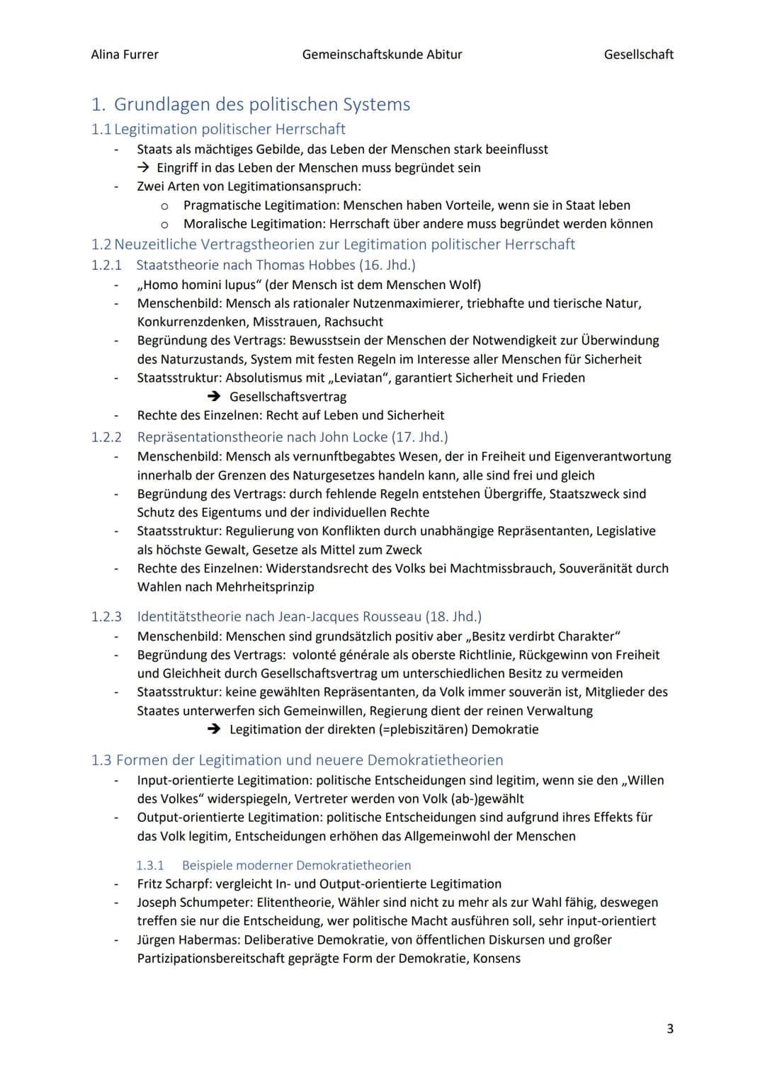 Alina Furrer
Gemeinschaftskunde Abitur
Gesellschaft
1.2.2
1.2.3
1.3
1.4
1.5
Abitur Zusammenfassung Politische Systeme
Inhaltsverzeichnis
1.
