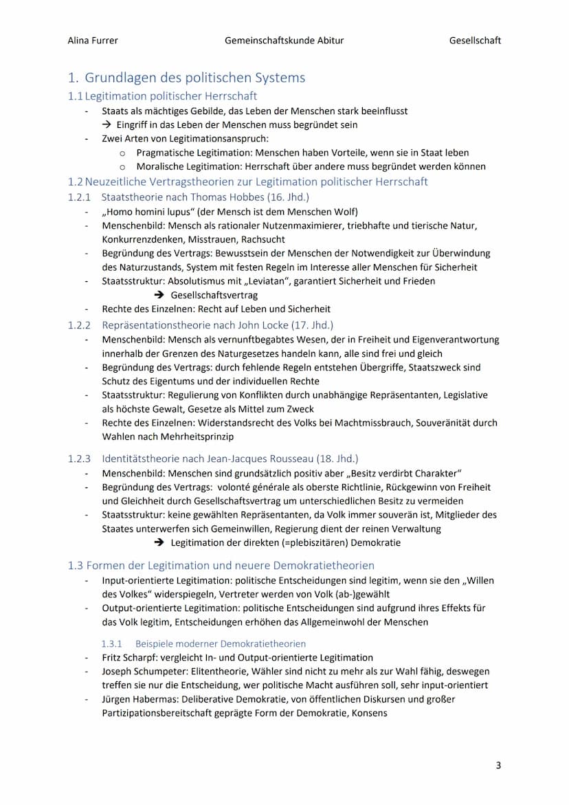 Alina Furrer
Gemeinschaftskunde Abitur
Gesellschaft
1.2.2
1.2.3
1.3
1.4
1.5
Abitur Zusammenfassung Politische Systeme
Inhaltsverzeichnis
1.
