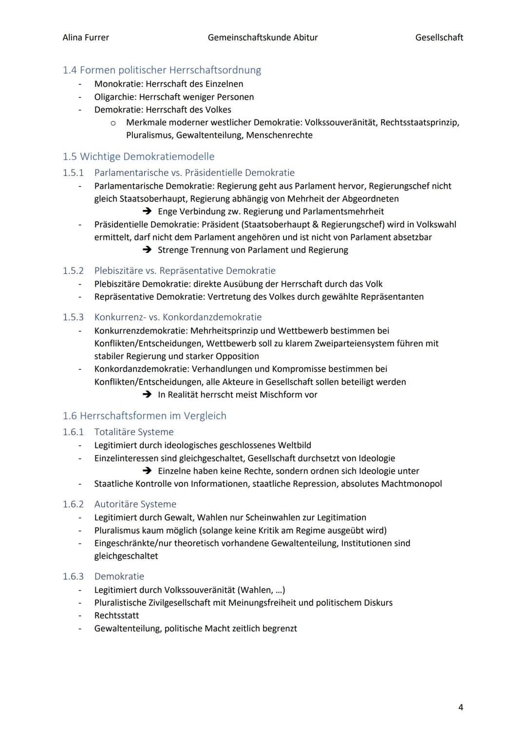 Alina Furrer
Gemeinschaftskunde Abitur
Gesellschaft
1.2.2
1.2.3
1.3
1.4
1.5
Abitur Zusammenfassung Politische Systeme
Inhaltsverzeichnis
1.
