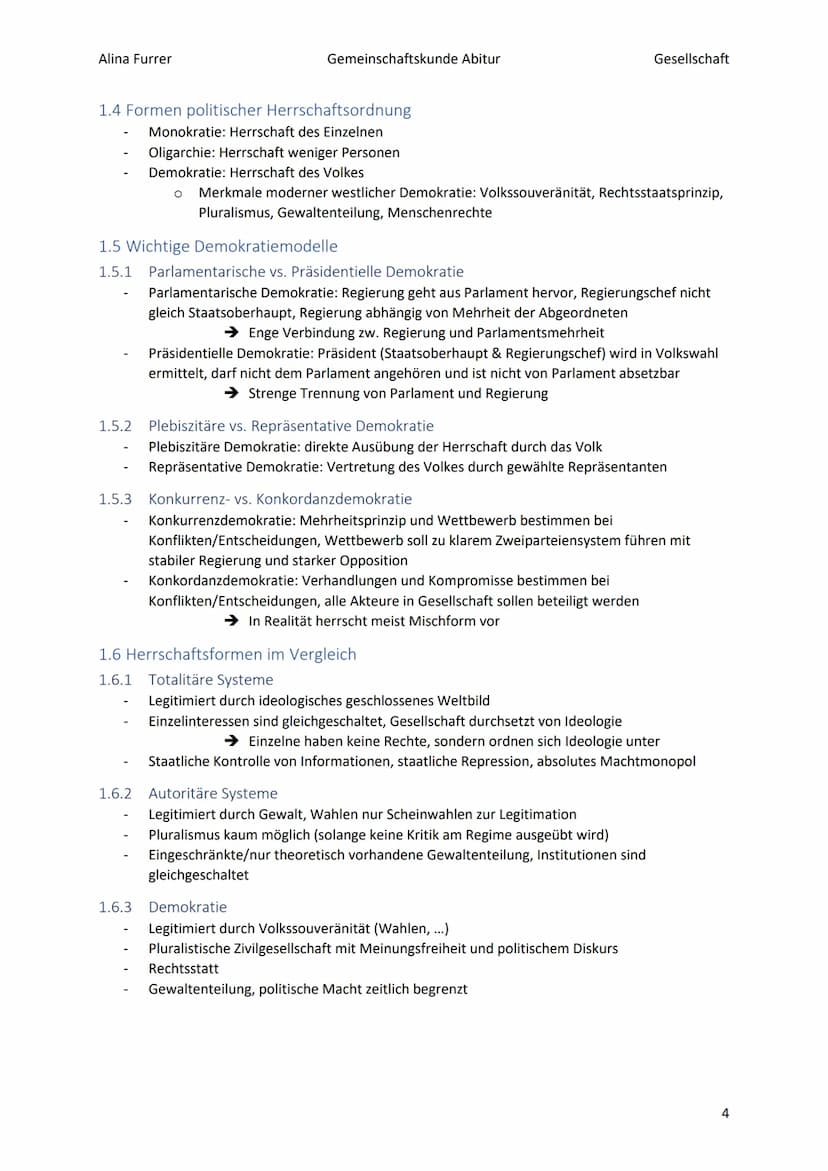 Alina Furrer
Gemeinschaftskunde Abitur
Gesellschaft
1.2.2
1.2.3
1.3
1.4
1.5
Abitur Zusammenfassung Politische Systeme
Inhaltsverzeichnis
1.
