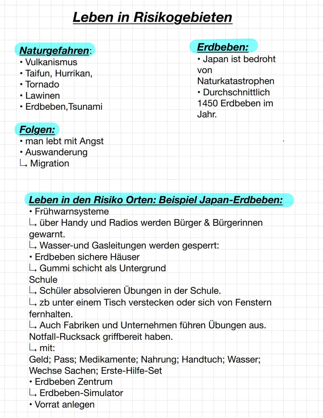 Naturgefahren:
• Vulkanismus
• Taifun, Hurrikan,
Tornado
• Lawinen
Erdbeben, Tsunami
●
●
Folgen:
• man lebt mit Angst
Auswanderung
L, Migrat