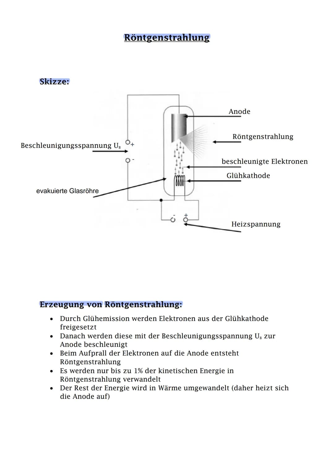 Skizze:
Beschleunigungsspannung UB
evakuierte Glasröhre
●
●
Röntgenstrahlung
●
O+
Anode
Röntgenstrahlung
Erzeugung von Röntgenstrahlung:
Dur