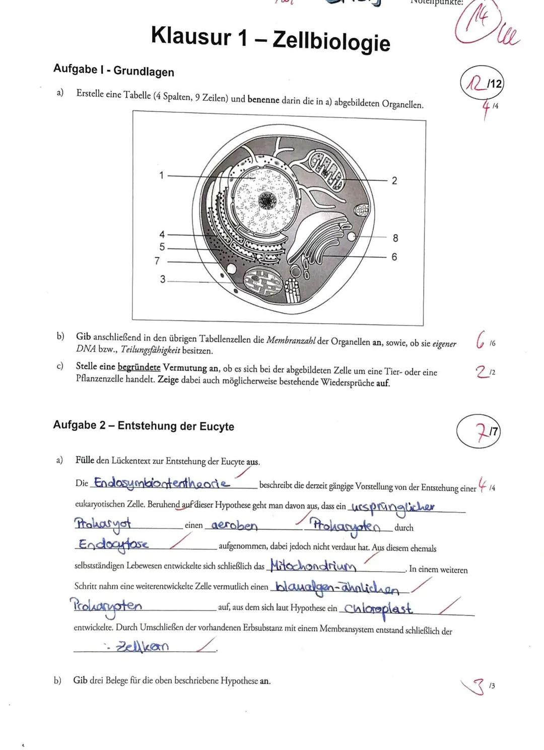 Klausur 1-Zellbiologie
Aufgabe I - Grundlagen
a) Erstelle eine Tabelle (4 Spalten, 9 Zeilen) und benenne darin die in a) abgebildeten Organe