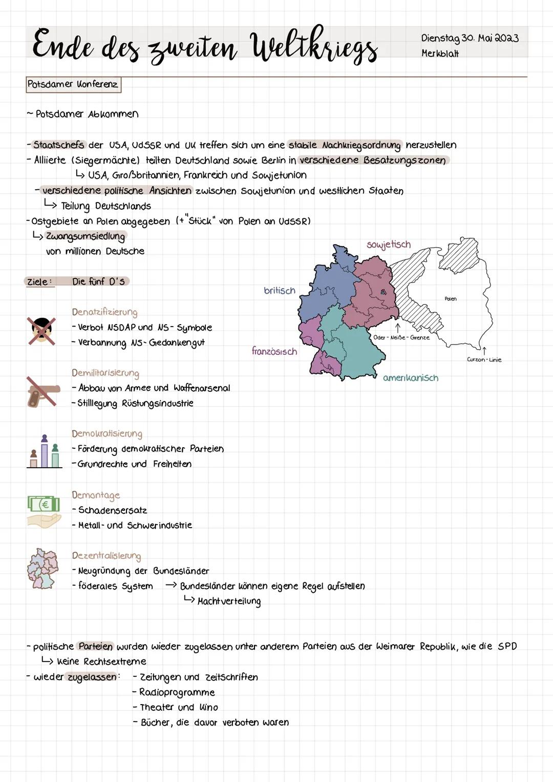 # Ende des zweiten Weltkriegs

Dienstag 30. Mai 2023
Merkblatt

Potsdamer Konferenz

~ Potsdamer Abkommen

- Staatschefs der USA, UdSSR und 