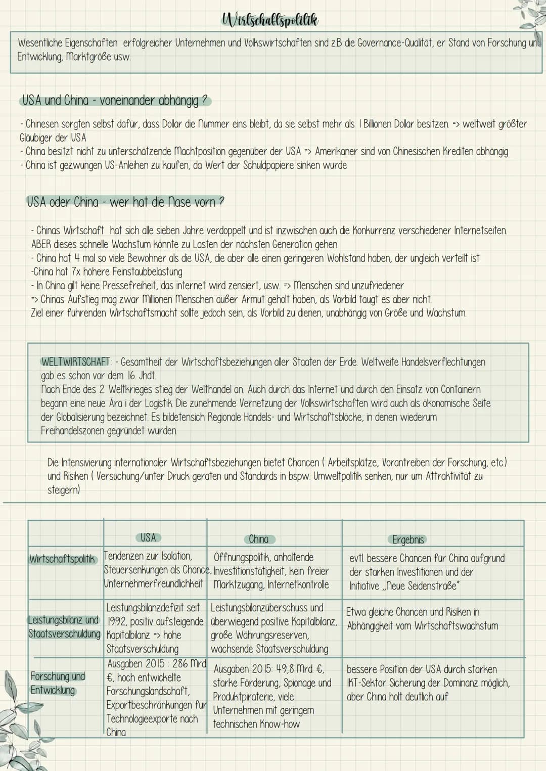 Erdkunde Wirtschall
Analyse von Weltwirtschaftsregionen - USA und China
Die Weltwirtschaft hat sich ungleich entwickelt. Regionen die einen 