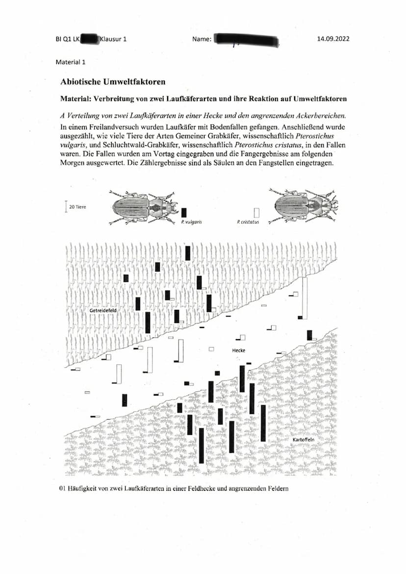BI Q1 LK
Klausur 1
Thema: Ökologie
Name:
14.09.2022
Aufgabenstellung: Verbreitung von zwei Laufkäferarten und ihre Reaktion auf Umweltfaktor