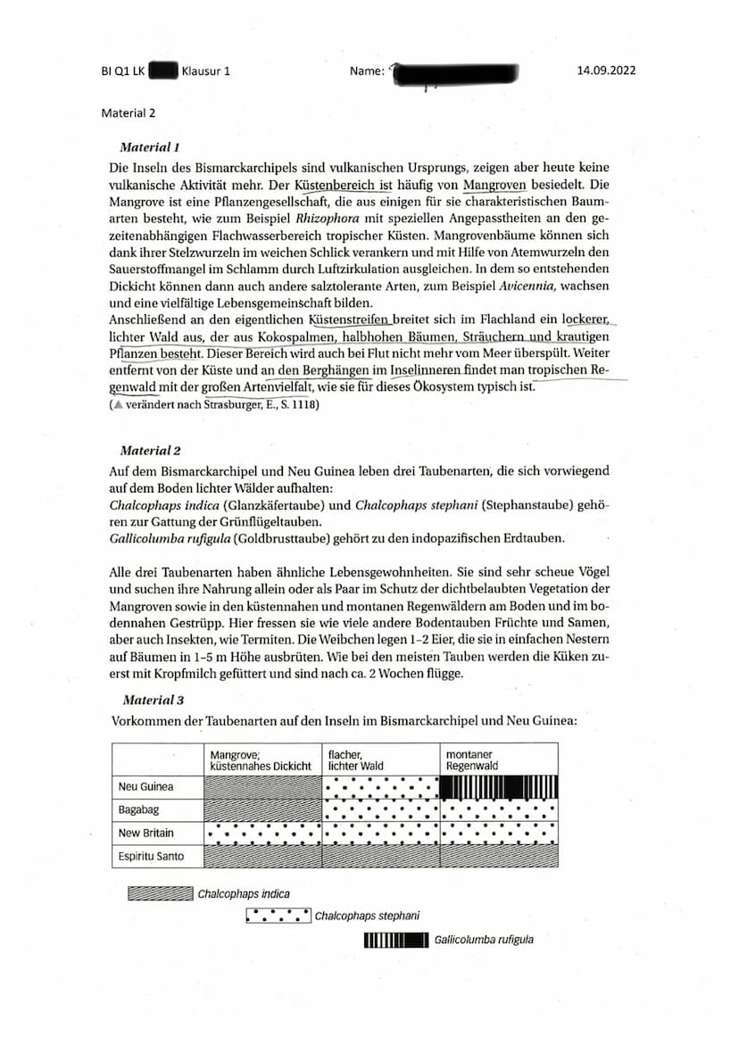 BI Q1 LK
Klausur 1
Thema: Ökologie
Name:
14.09.2022
Aufgabenstellung: Verbreitung von zwei Laufkäferarten und ihre Reaktion auf Umweltfaktor