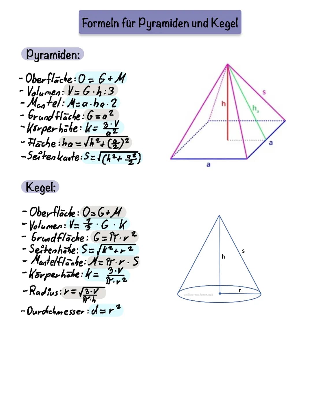 Formeln für Pyramiden und Kegel 