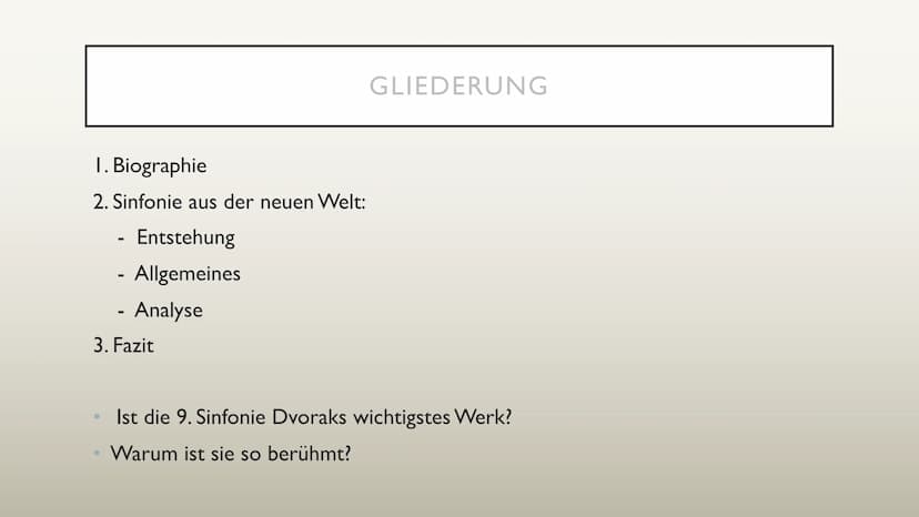 ANTONÍN
DVOŘÁK
1841
1904
He
ANTONIN DVOŘÁK ANTONÍN DVOŘÁK
Und seine Sinfonie aus der neuen Welt 1. Biographie
2. Sinfonie aus der neuen Welt