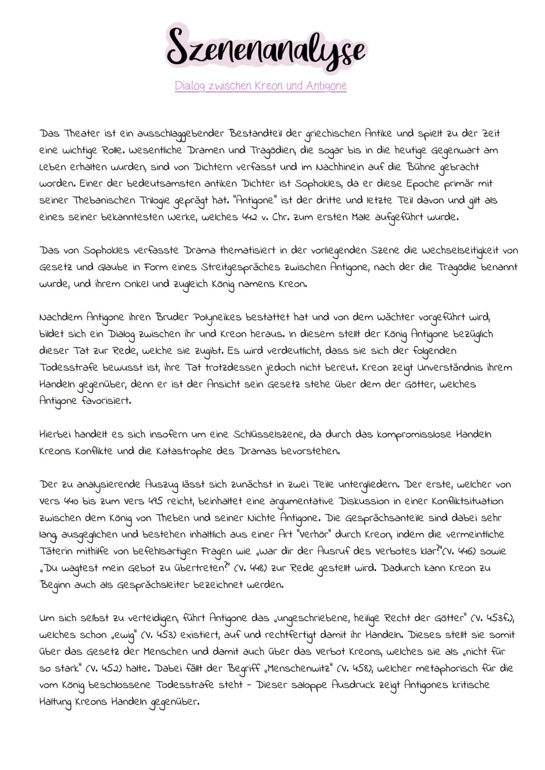 Szenenanalyse
Dialog zwischen Kreon und Antigone
Das Theater ist ein ausschlaggebender Bestandteil der griechischen Antike und spielt zu der
