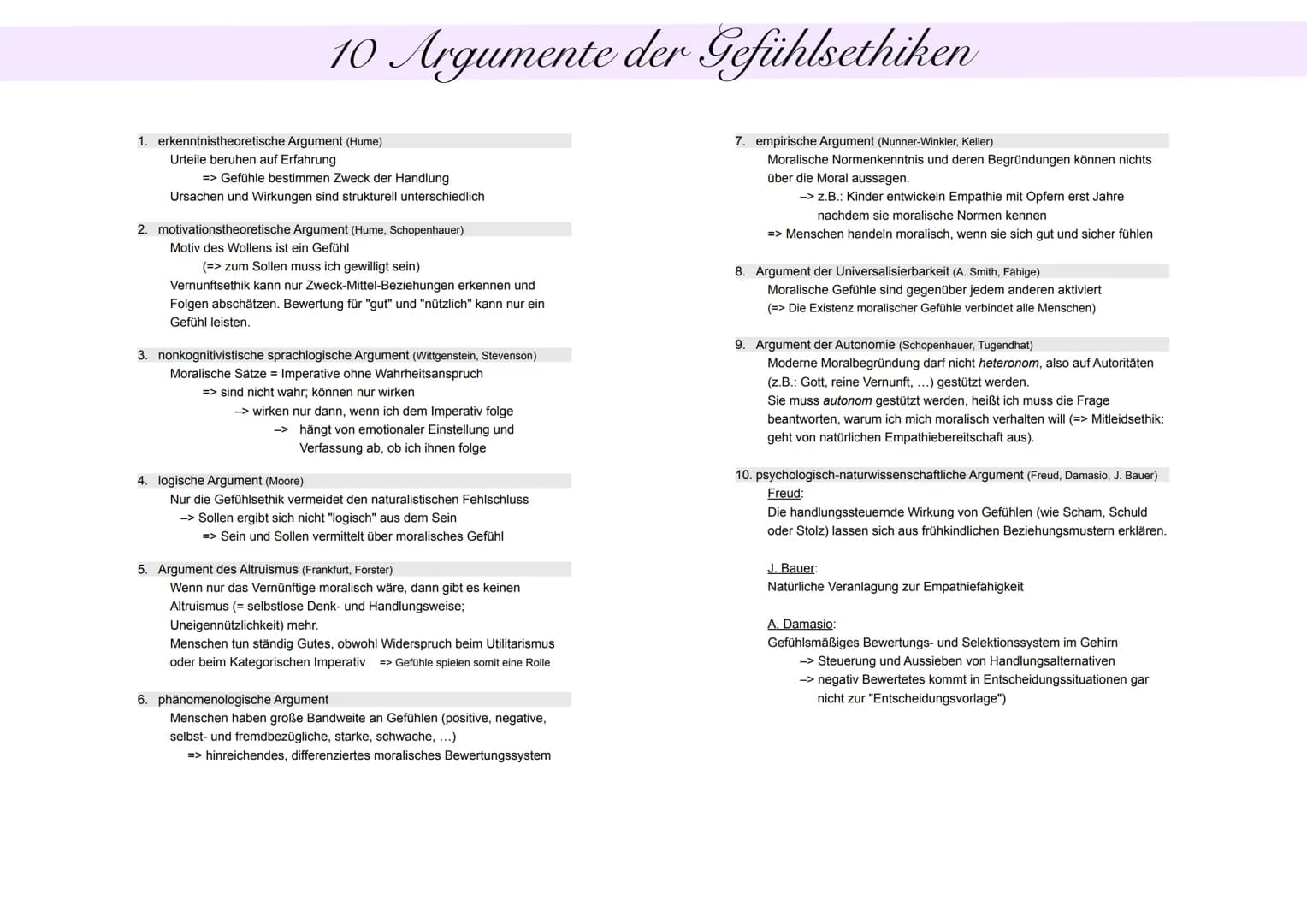 10 Argumente der Gefühlsethiken
1. erkenntnistheoretische Argument (Hume)
Urteile beruhen auf Erfahrung
=> Gefühle bestimmen Zweck der Handl