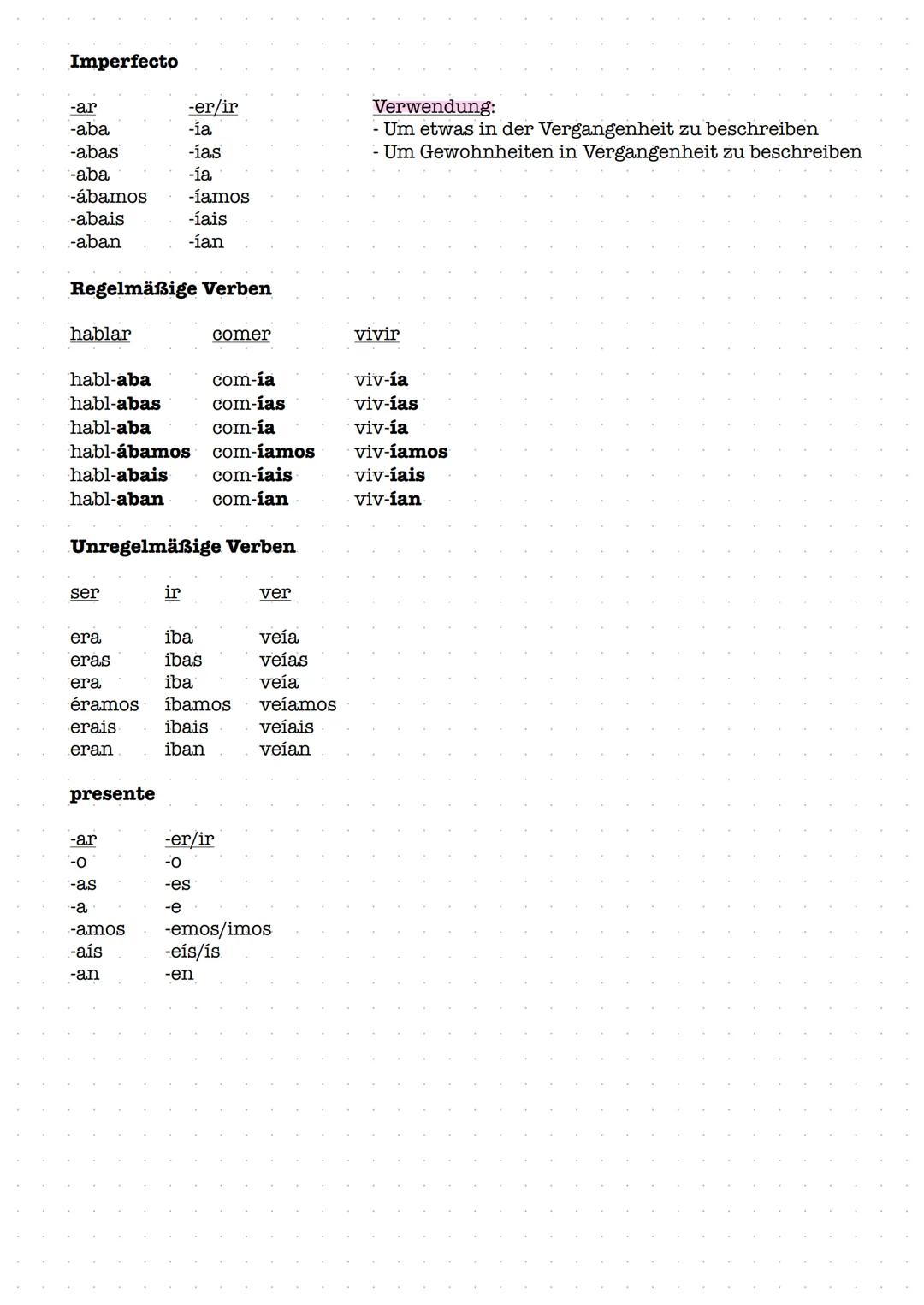 # Examen de español

El indefinido

- ar
- é
- aste
- ó
- amos
- asteis
- aron

- er/ir
- 1
- iste
- ió
- imos
- isteis
- ieron

Verwendung: