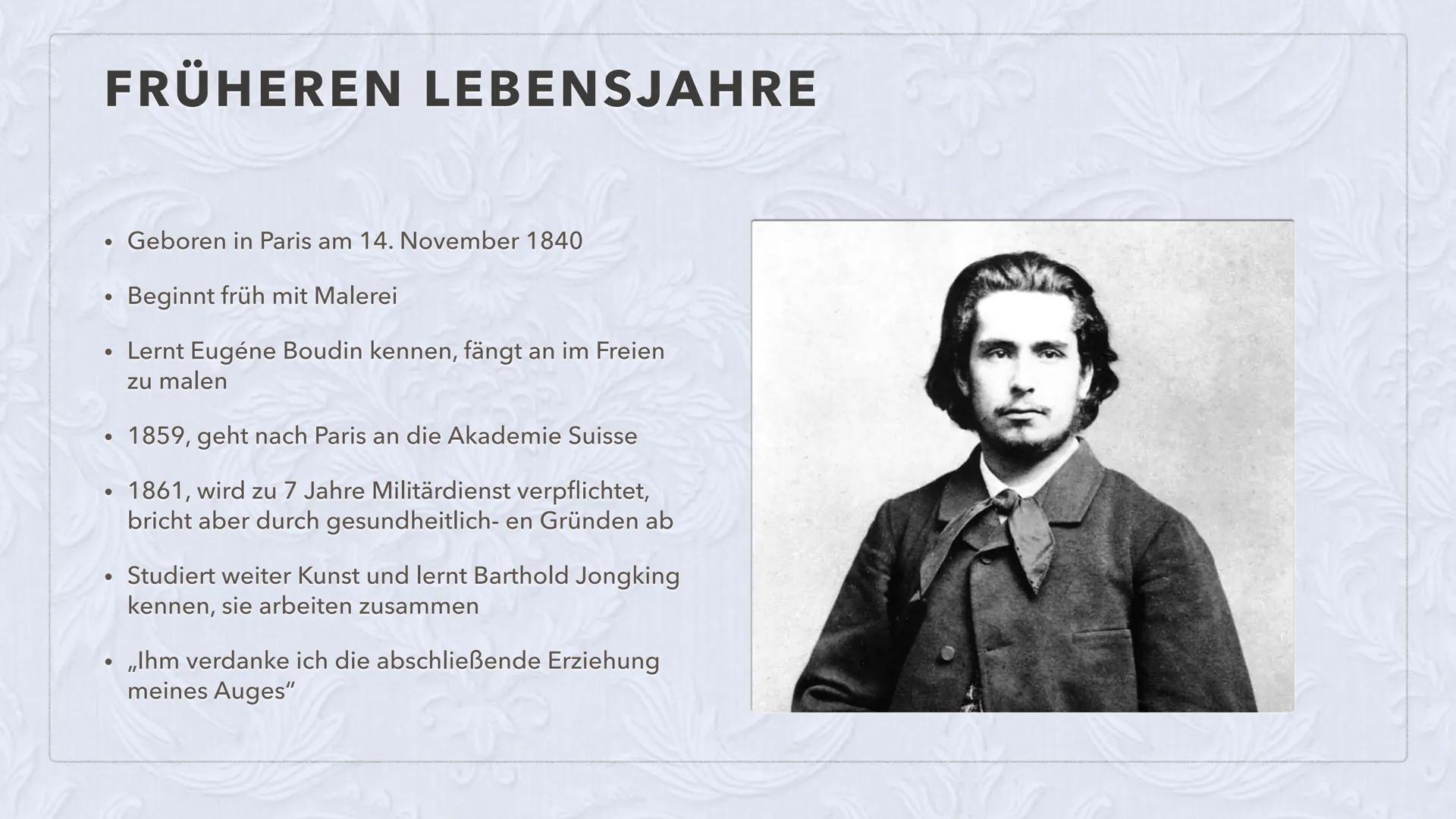 CLAUDE MONET
LEBEN & WERK INHALTSVERZEICHNIS
Wer ist Claude Monet
• Frühen Lebensjahre
Seine Familie
●
●
Spätere Lebensjahre
• Seine wichtig