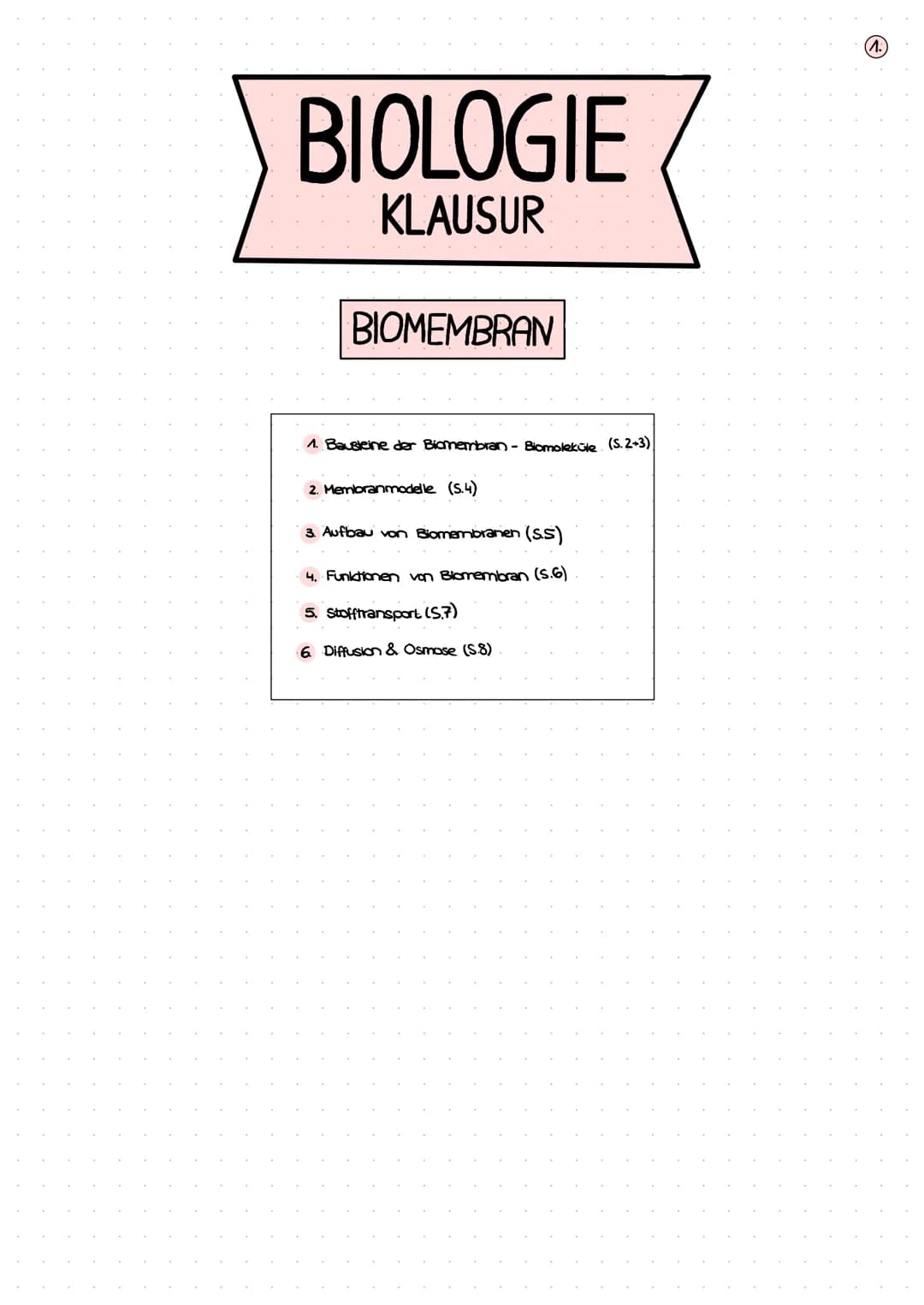 BIOLOGIE
KLAUSUR
BIOMEMBRAN
1. Bausteine der Biomembran - Biomoleküle (S. 2+3)
2. Membranmodelle (5.4)
3. Aufbau von Biomembranen (S.S)
4. F
