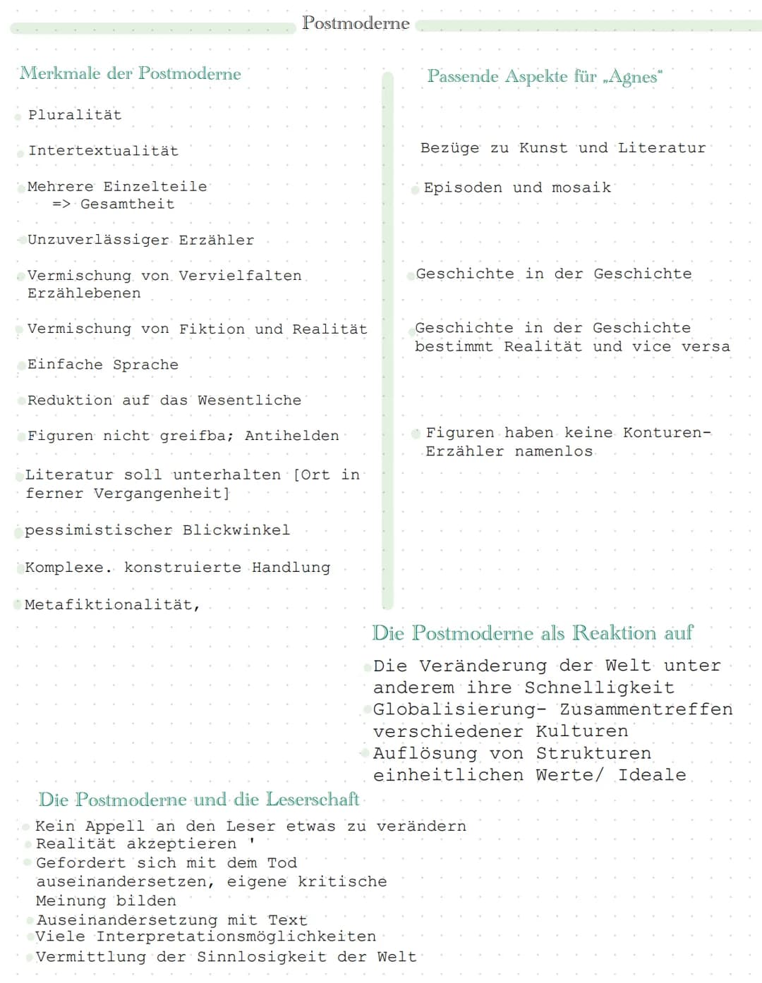 Merkmale der Postmoderne
Pluralität
Intertextualität
Mehrere Einzelteile
=> Gesamtheit
Unzuverlässiger Erzähler
Vermischung von Vervielfalte