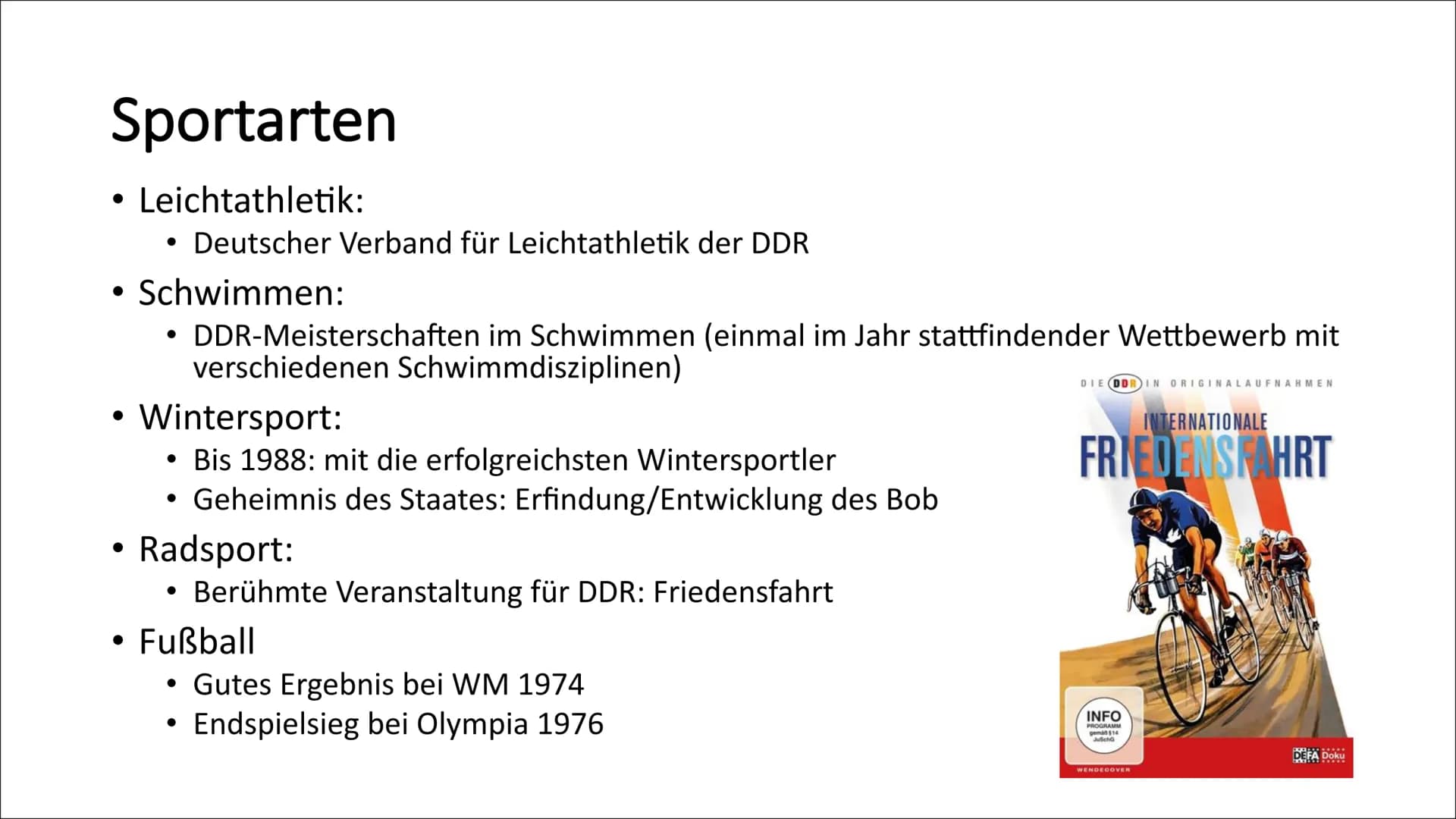 CO
Sport in der DDR
Madita & Marlene Inhaltsverzeichnis
Bedeutung des Sports in der DDR
• Sportarten
●
• Berühmte Sportler
• Jugendsport DDR