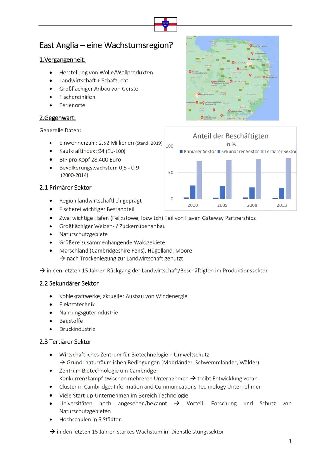 East Anglia - eine Wachstumsregion?
1.Vergangenheit:
● Herstellung von Wolle/Wollprodukten
● Landwirtschaft + Schafzucht
● Großflächiger Anb