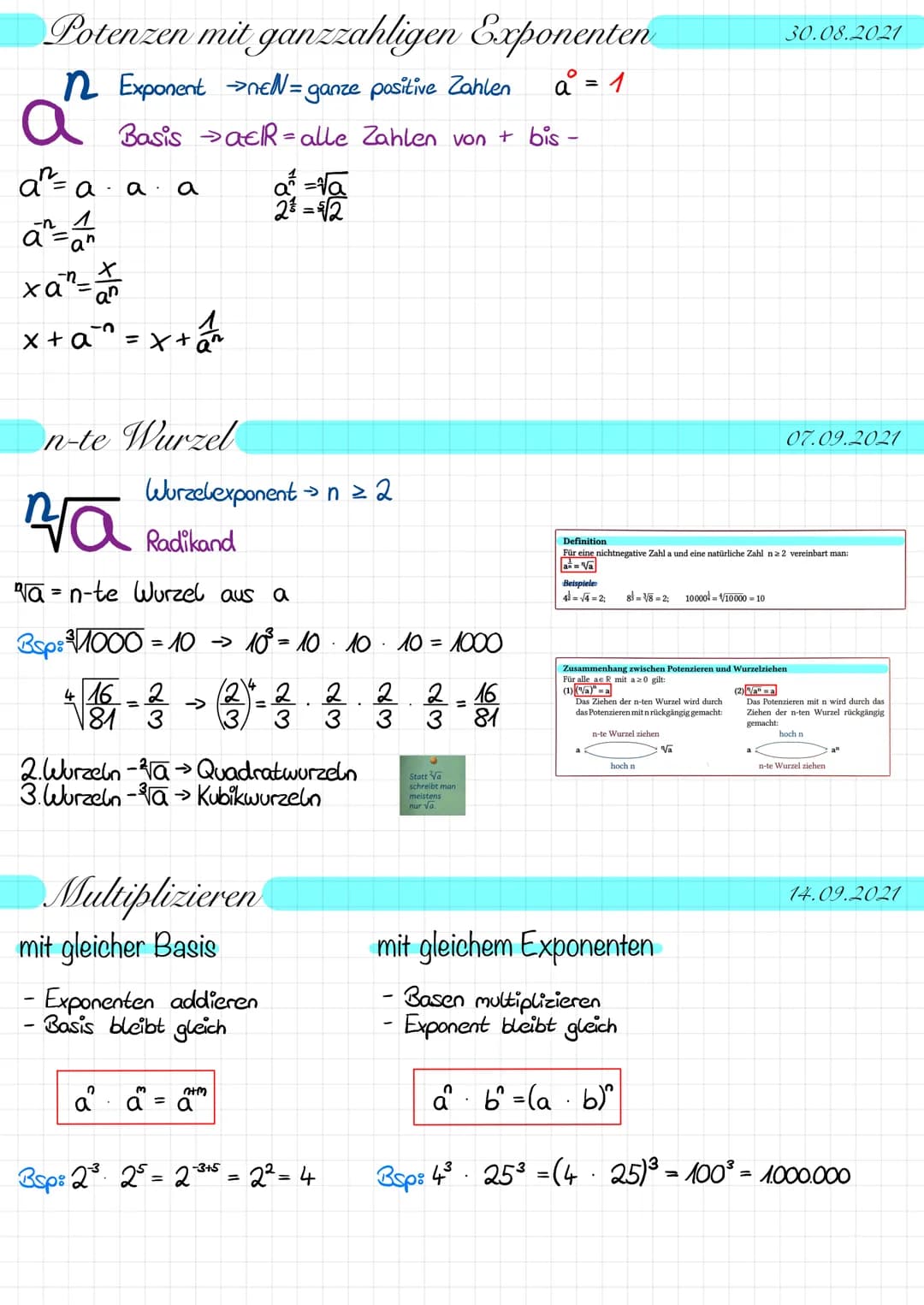 Potenzen mit ganzzahligen
n Exponent →neN=
Basis
a² = a · a. a
-n 1
an
ď²²
a
xa"-a
an
x+a²^=x+₁²/²₂
n-te Wurzel
= ganze positive Zahlen
acR=