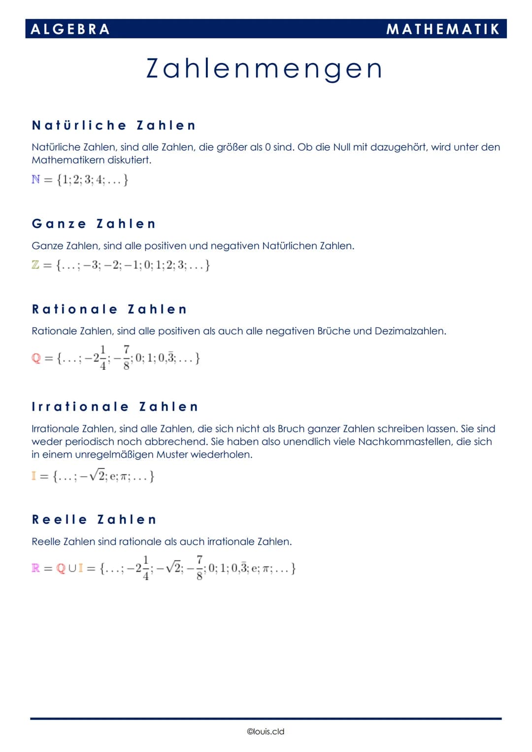 ALGEBRA
Zahlenmengen
Natürliche Zahlen
Natürliche Zahlen, sind alle Zahlen, die größer als 0 sind. Ob die Null mit dazugehört, wird unter de