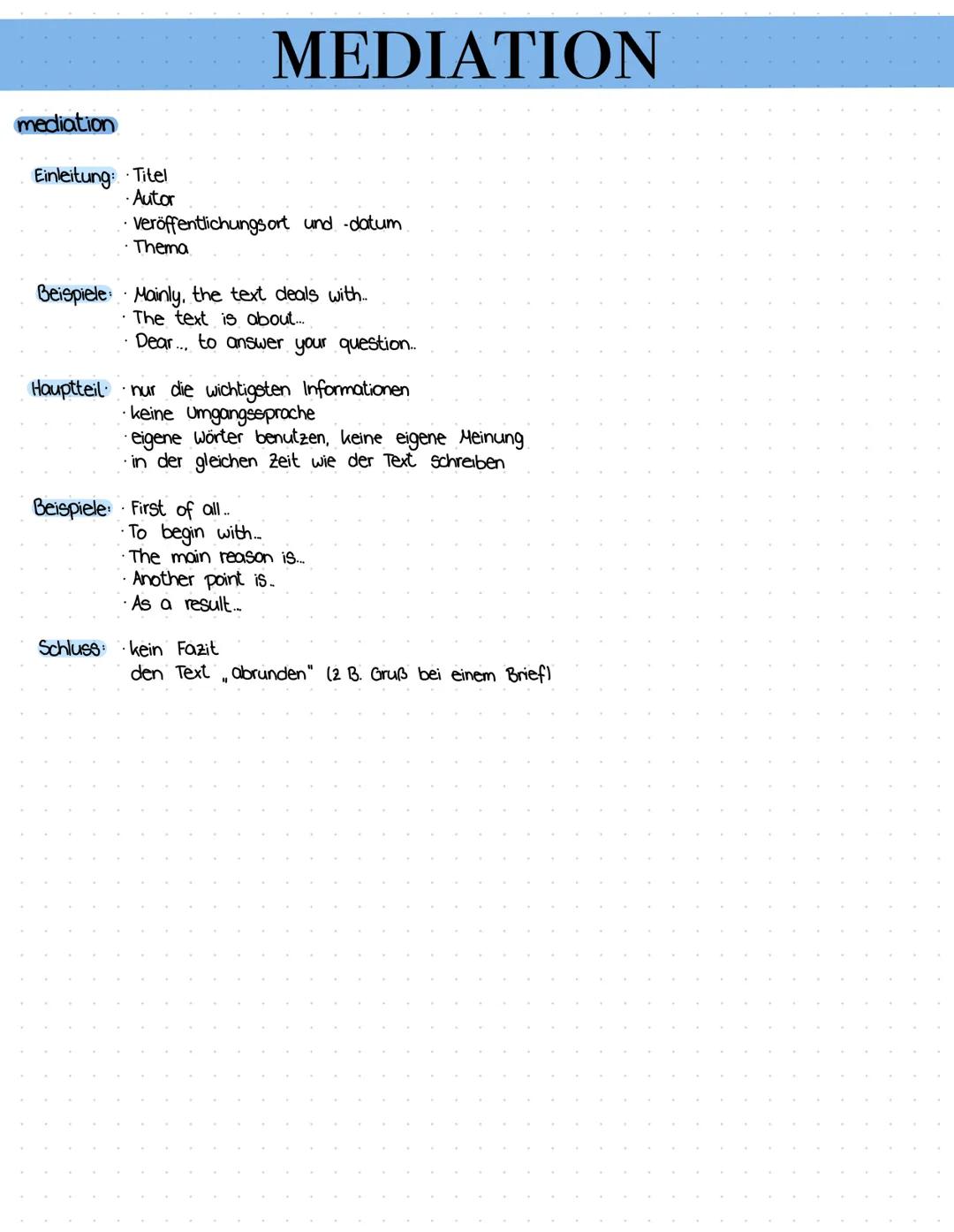# MEDIATION

mediation

Einleitung: Titel

*   Autor
*   Veröffentlichungsort und -datum
*   Thema

Beispiele Mainly, the text deals with...