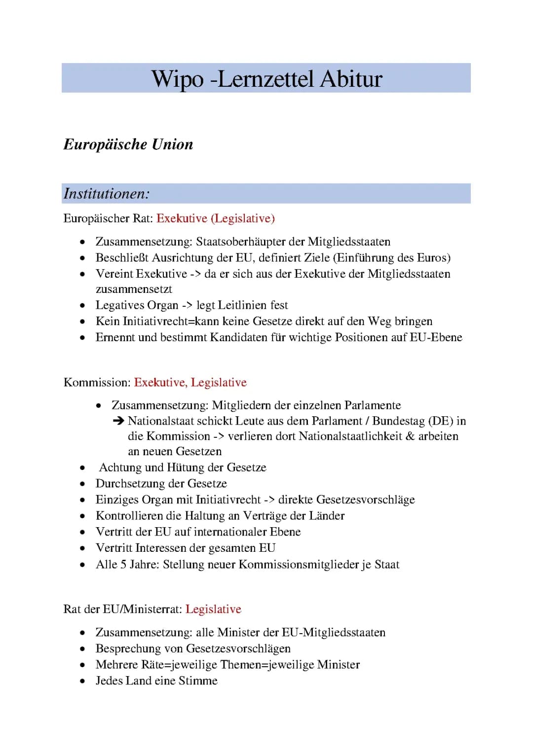 WIPO Lernzettel ABITUR - EU und Ökonomie&Ökologie
