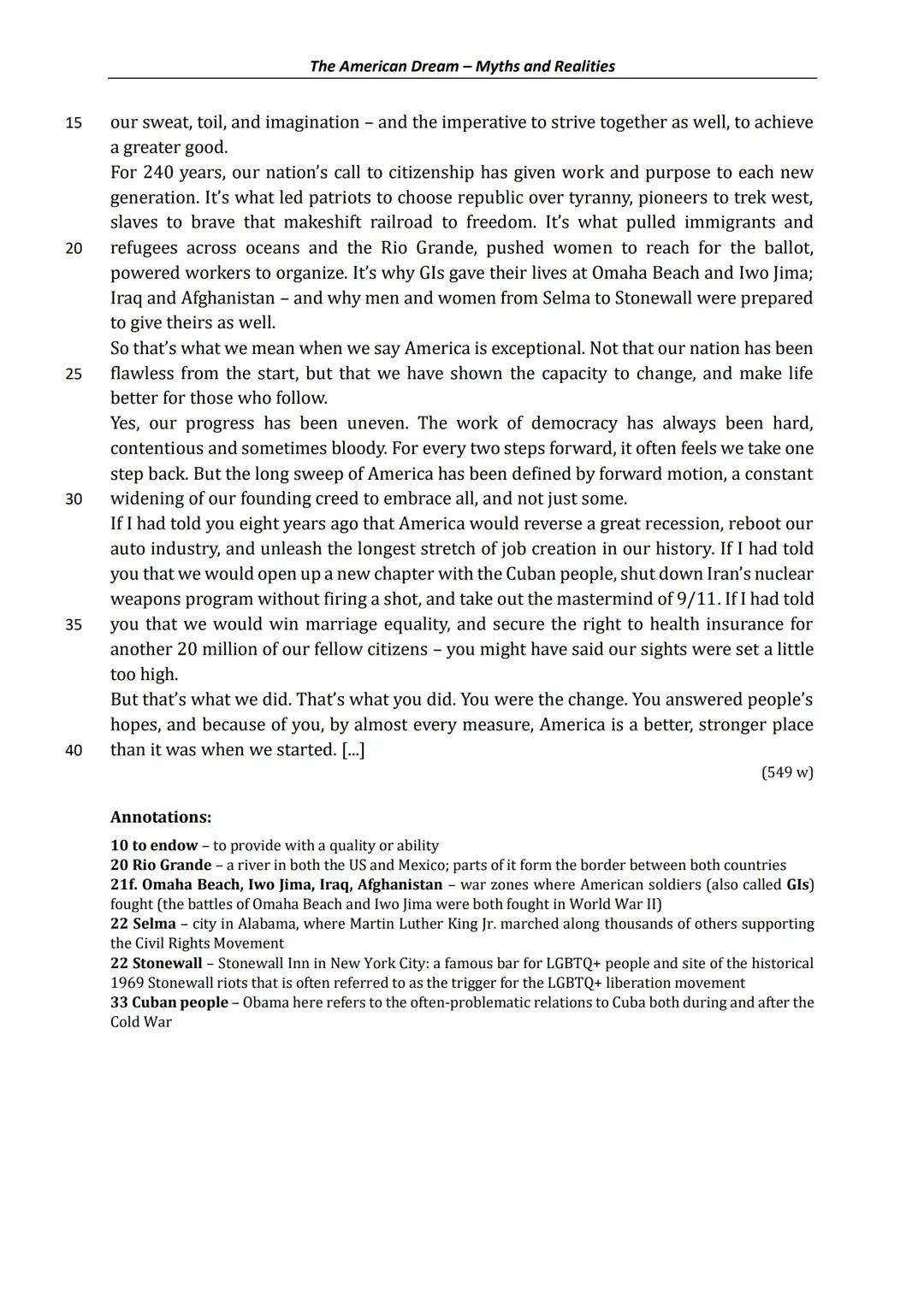 Name:
The American Dream - Myths and Realities
Klausurteil A: Hörverstehen isoliert
Extract from Barack Obama's speech on the 15th anniversa