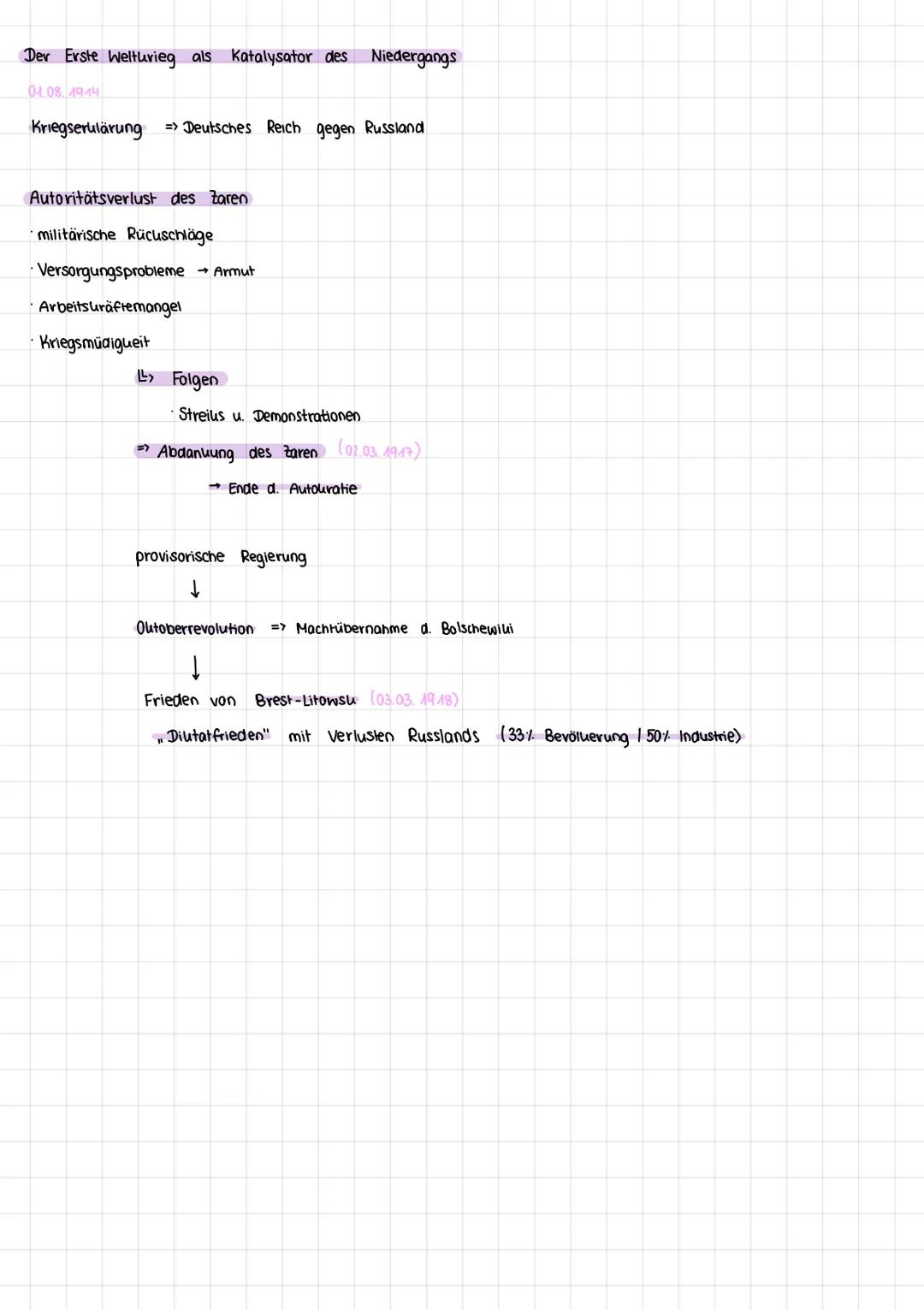 Geschichte Lernzettel
Krise d. Zarenherrschaft
innenpolitische Situation
Autouratie
Schmale Oberschicht (Adel u. Ulerus)
Leibeigenschaft d. 