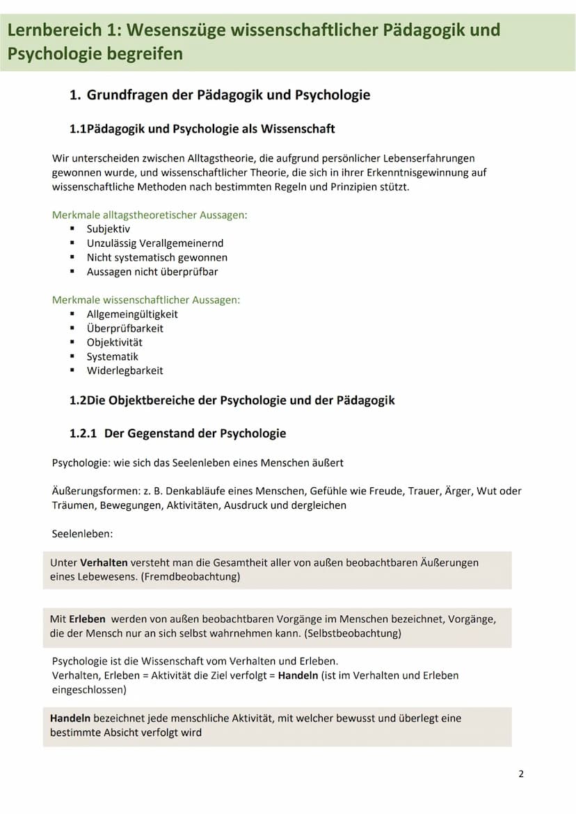 Zusammenfassung Abitur
Pädagogik/Psychologie
1 Lernbereich 1: Wesenszüge wissenschaftlicher Pädagogik und
Psychologie begreifen
1. Grundfrag
