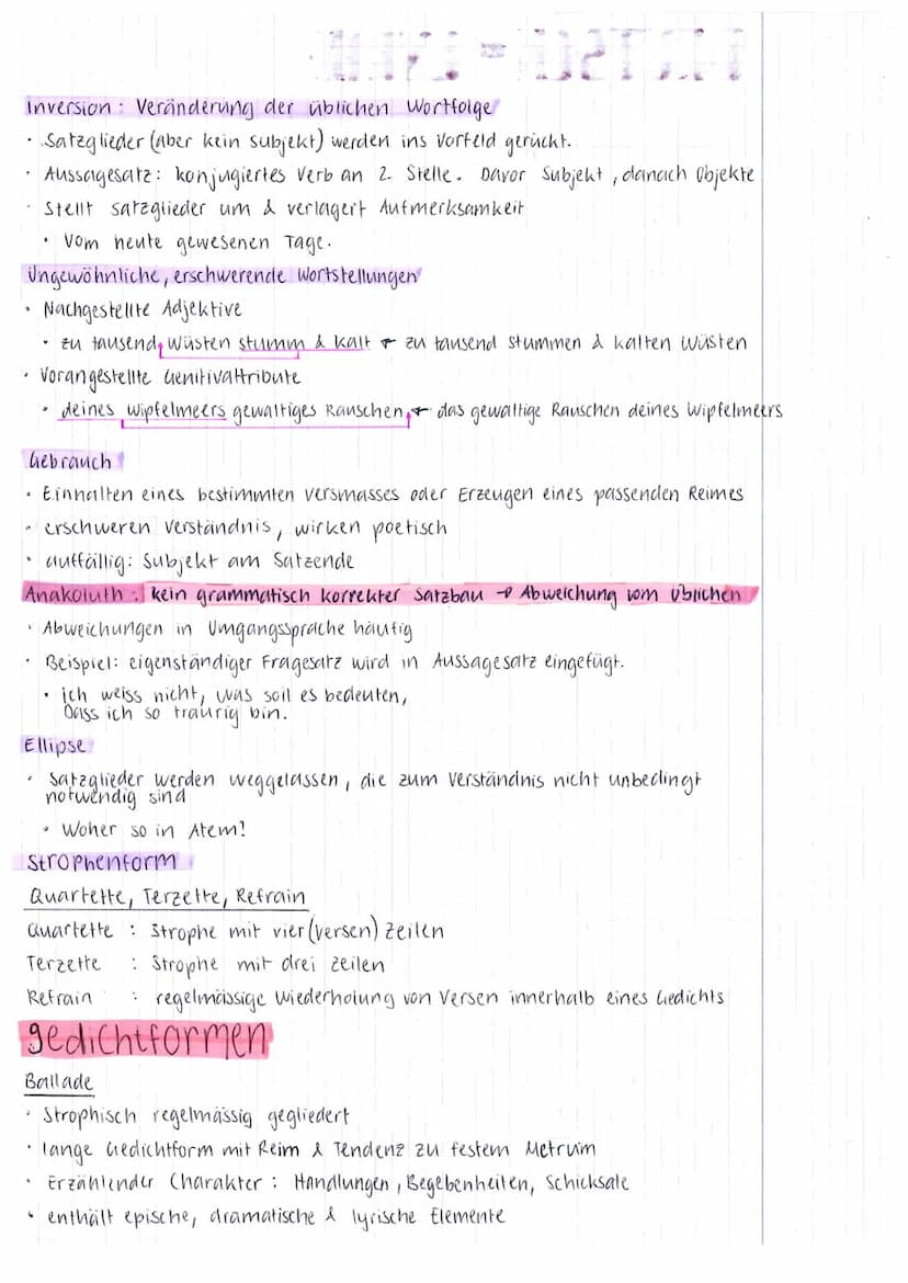 Inversion : Veränderung der üblichen Wortfolge
• Satzglieder (aber kein subjekt) werden ins Vorfeld gerückt.
vom neute gewesenen Tage.
Ungew