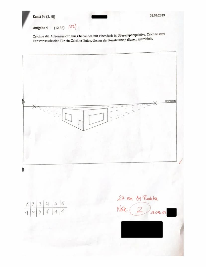 r
Kunst 9b (2. HJ)
Lernkontrolle
Thema: Perspektive
Aufgabe 1 (4 BE) (3)
a)
b)
c)
: Sophie
Name:
02.04.2019
Bestimme zeichnerisch den/die Fl