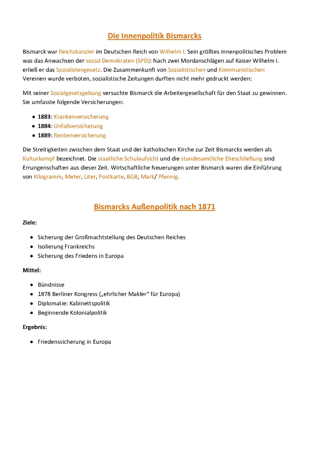 Bismarcks Innen- und Außenpolitik