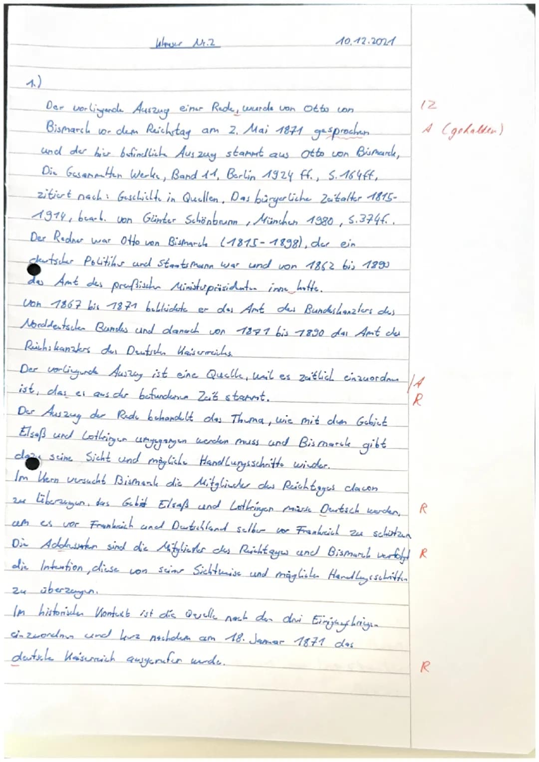 Wauser Nr.2
10.12.2021
1.)
Der vorlingende Auszug einer Rede, wurde von Otto von
Bismarch vor dem Reichstag
am 2. Mai 1871 gesprochen.
und d